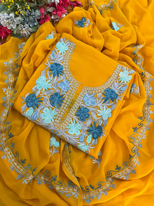 Mustard Georgette 3 Pc Aari Embroidered Suit Set
