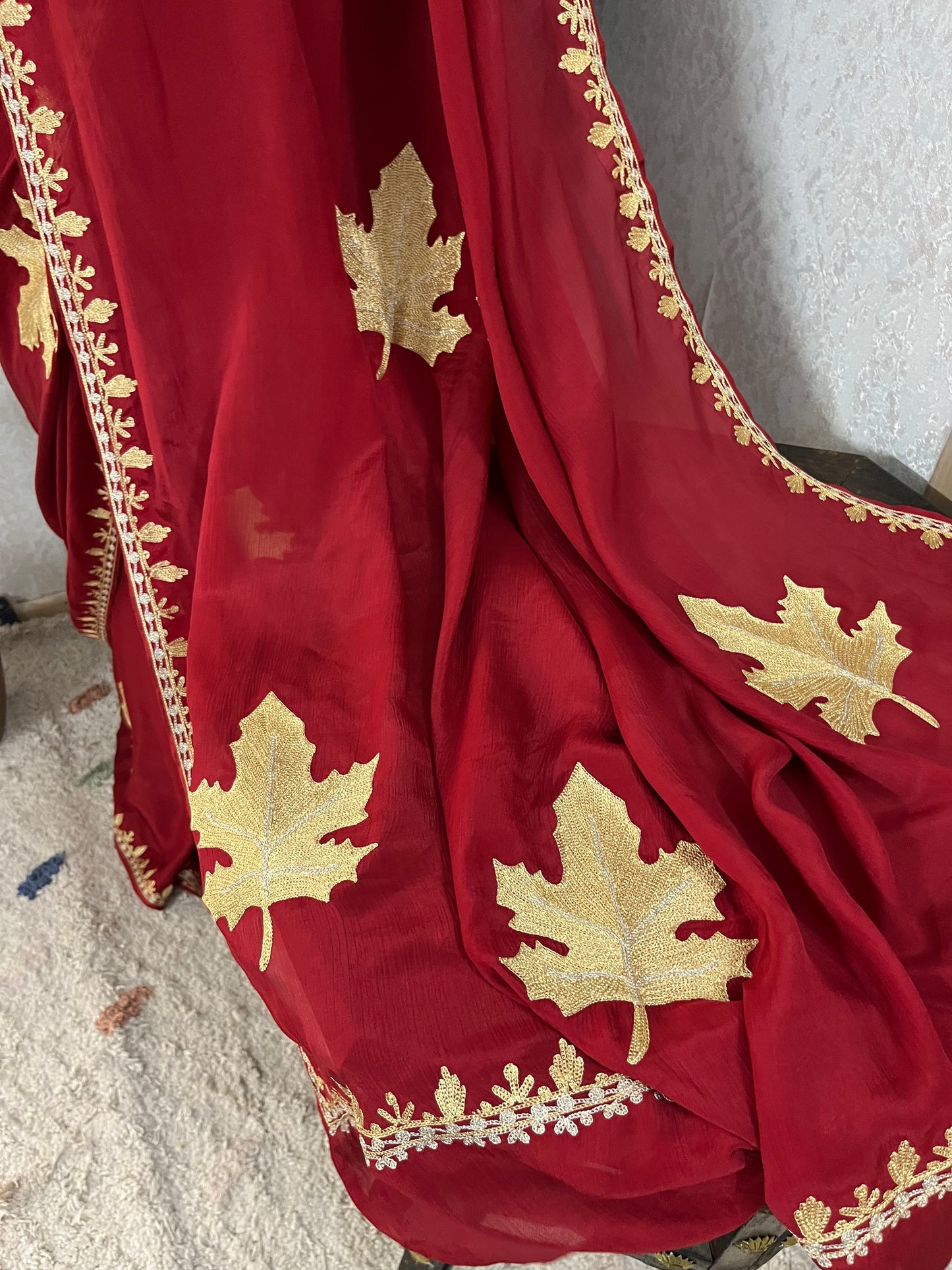 Maroon Pure Chinon Kashmiri Tilla Saree
