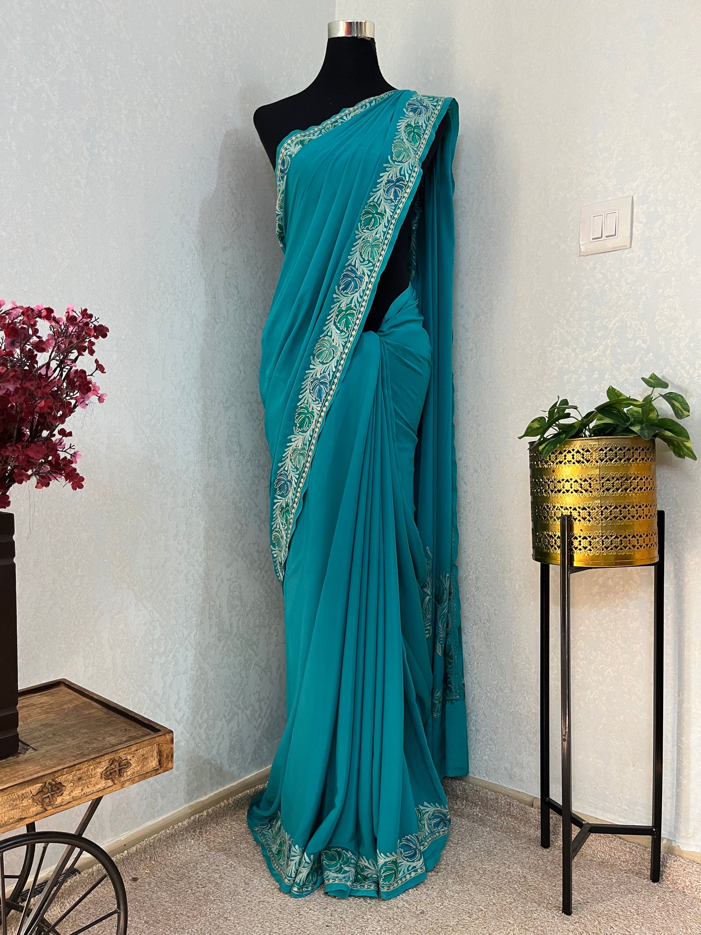 Blue Crape Kashmiri Saree with Tilla Outline