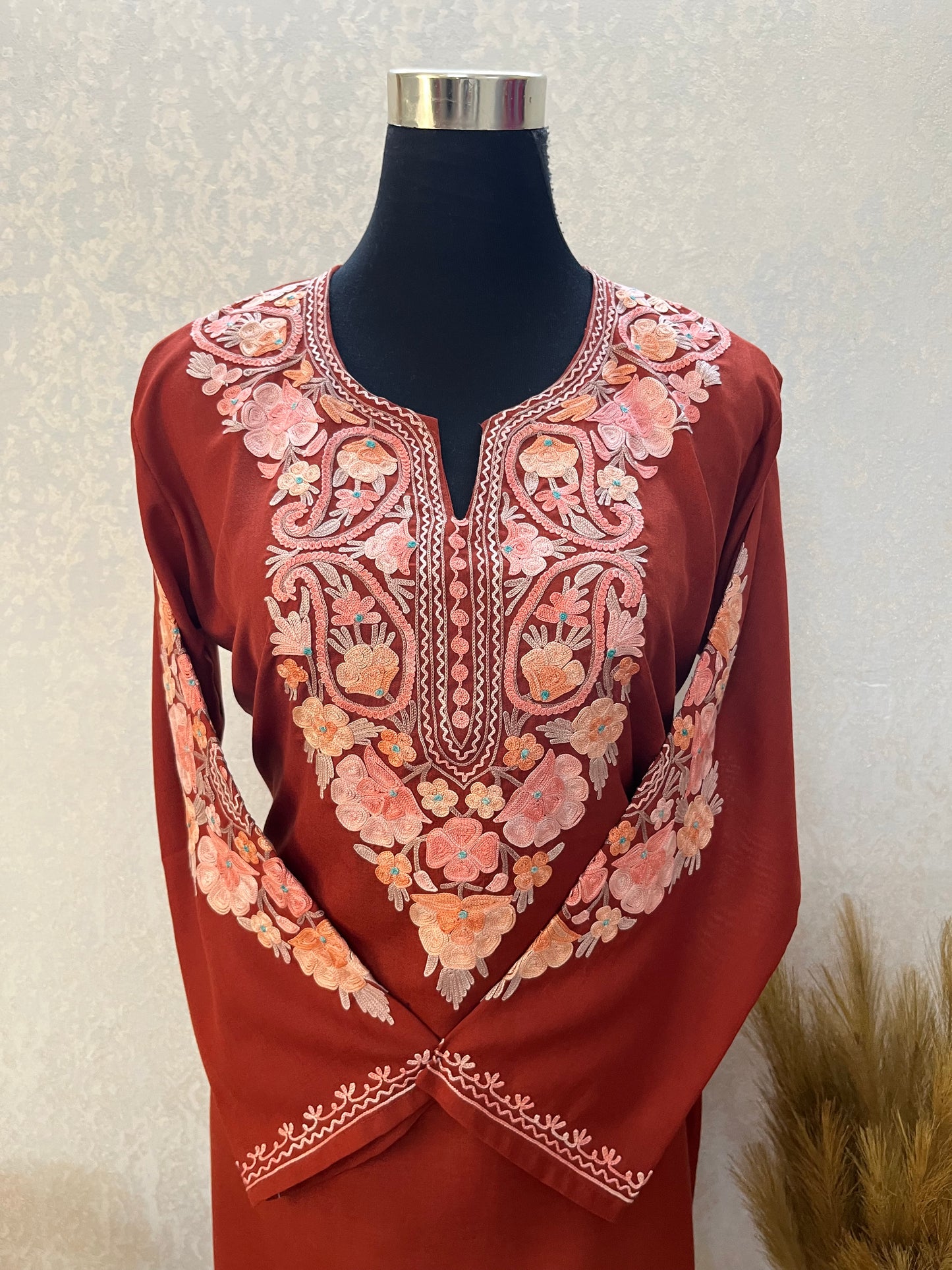 Rust Cotton Aari Work Kurta