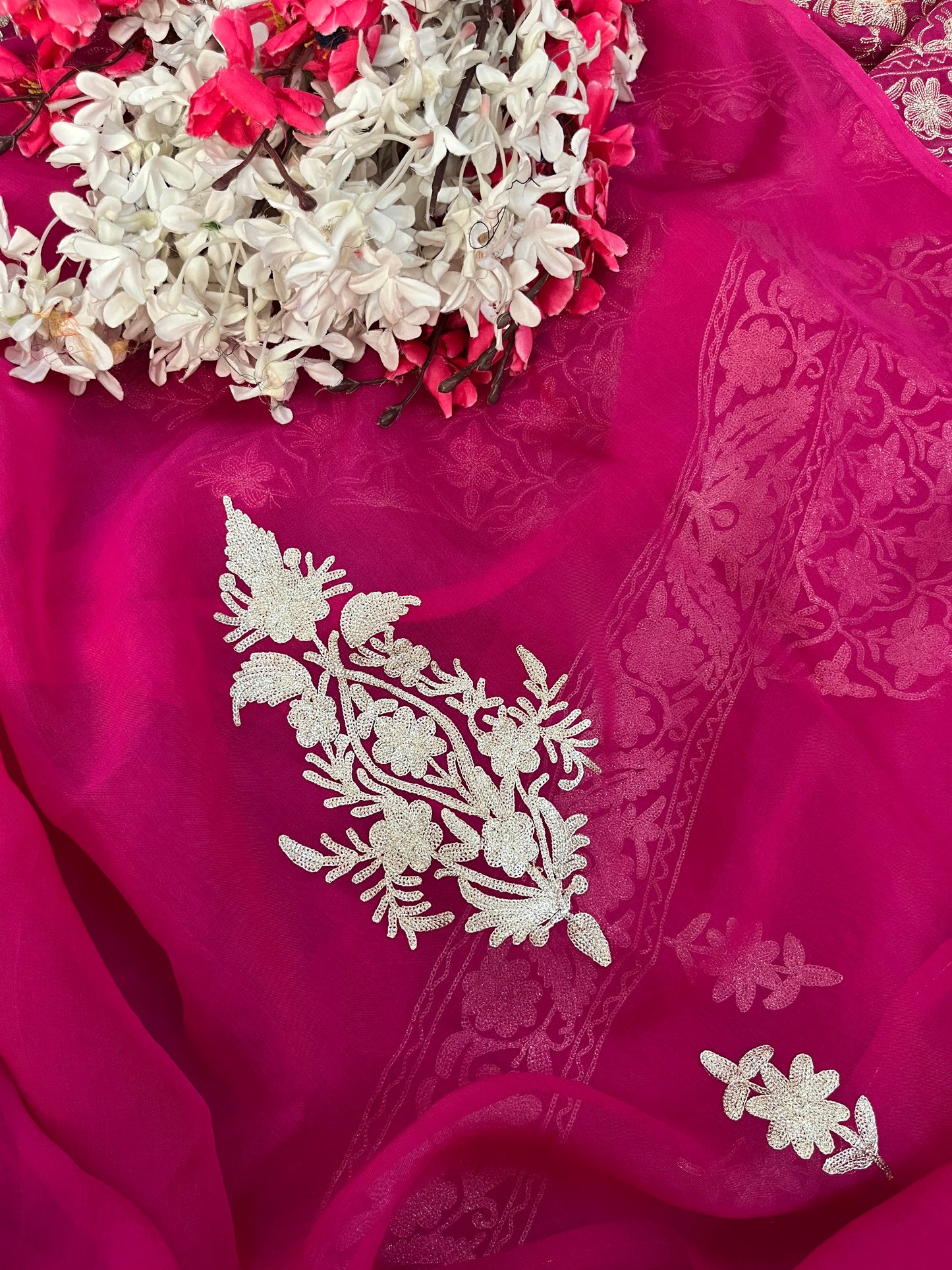 Hot Pink Pure Soft Organza 3 Pc Heavy Kashmiri Suit