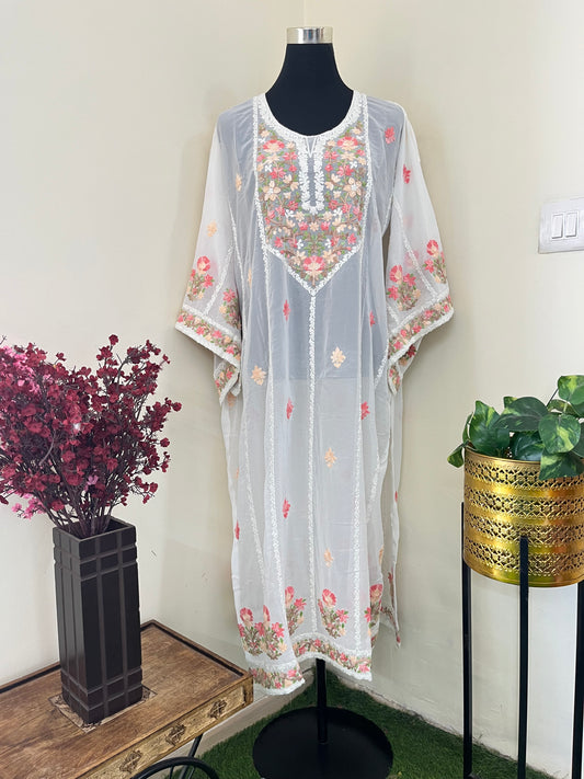 Off White Georgette All over Work Aari Embroidered Unstitched Kurta