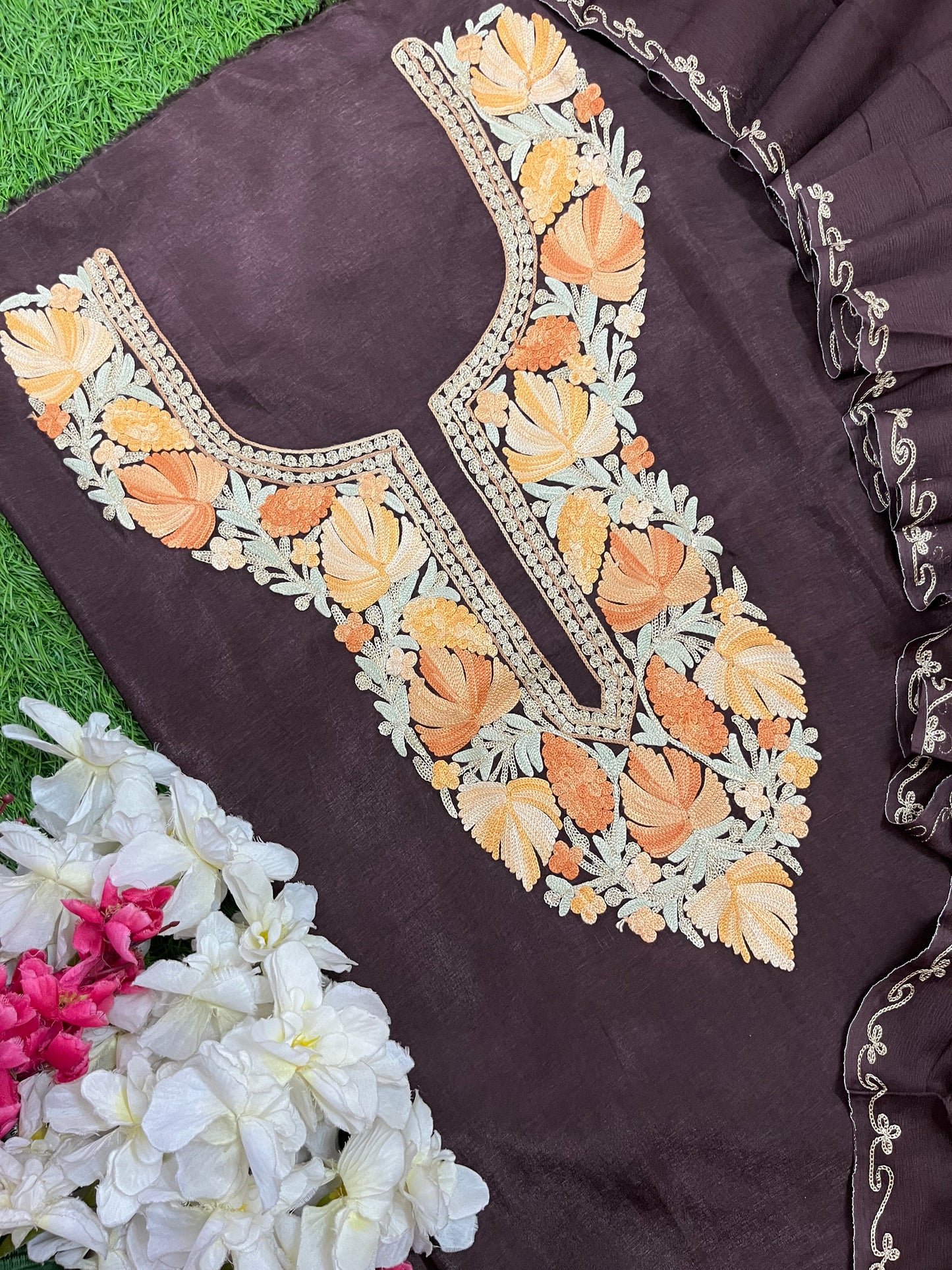 Coffee Brown Opada Silk Kashmiri Suit