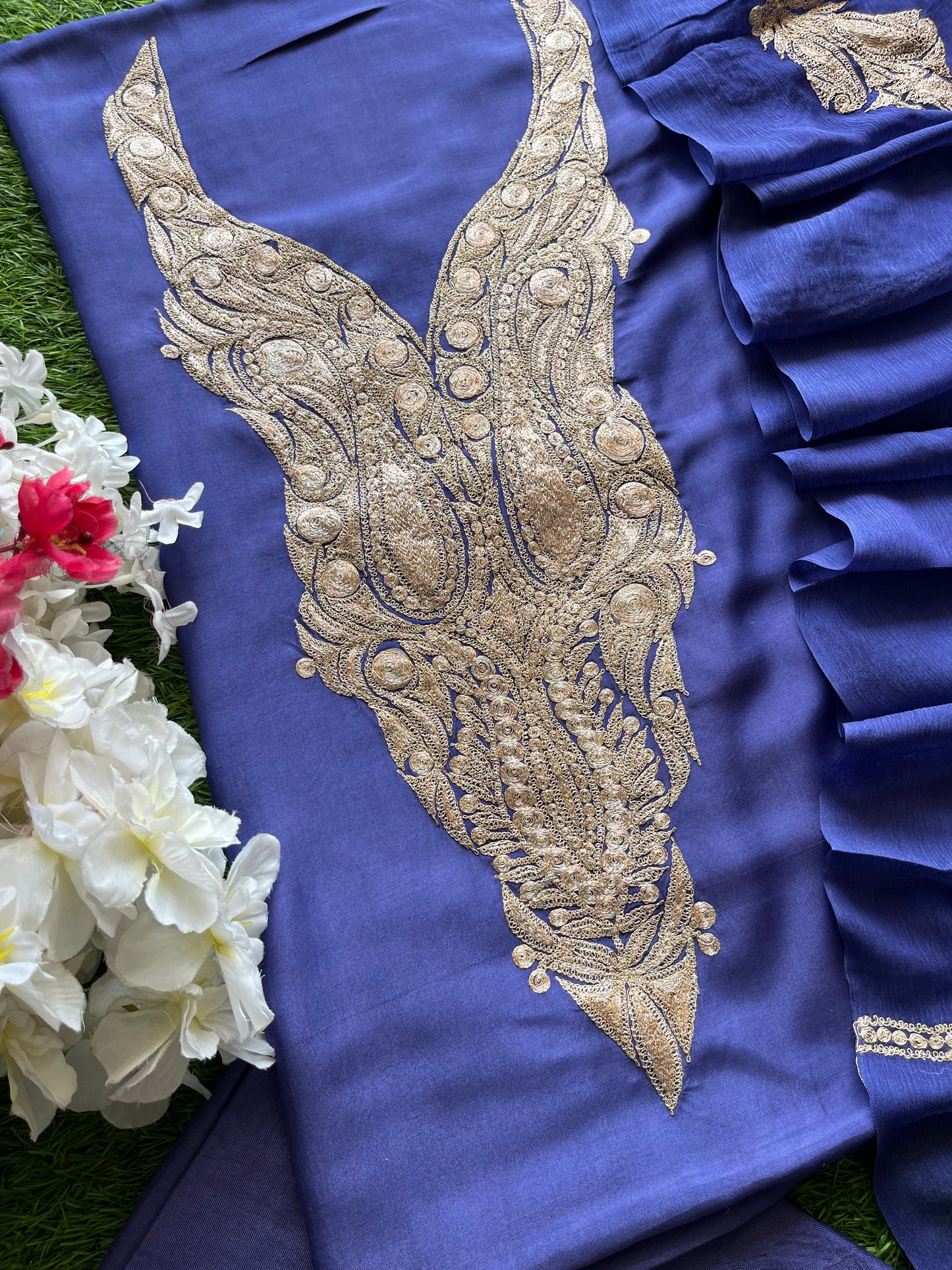 ‘Kalaa’ Blue Muslin Silk Tilla Embroidered Suit material