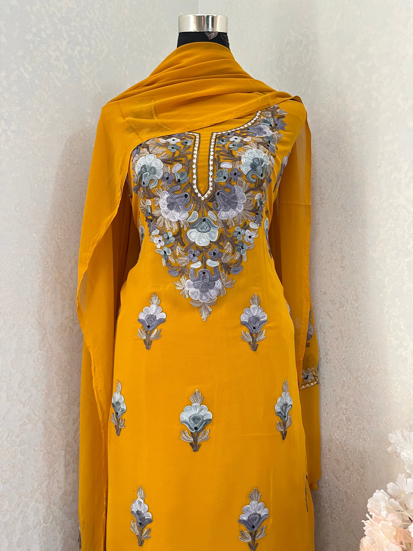 Mustard Yellow Georgette 3Pc Kashmiri Suit