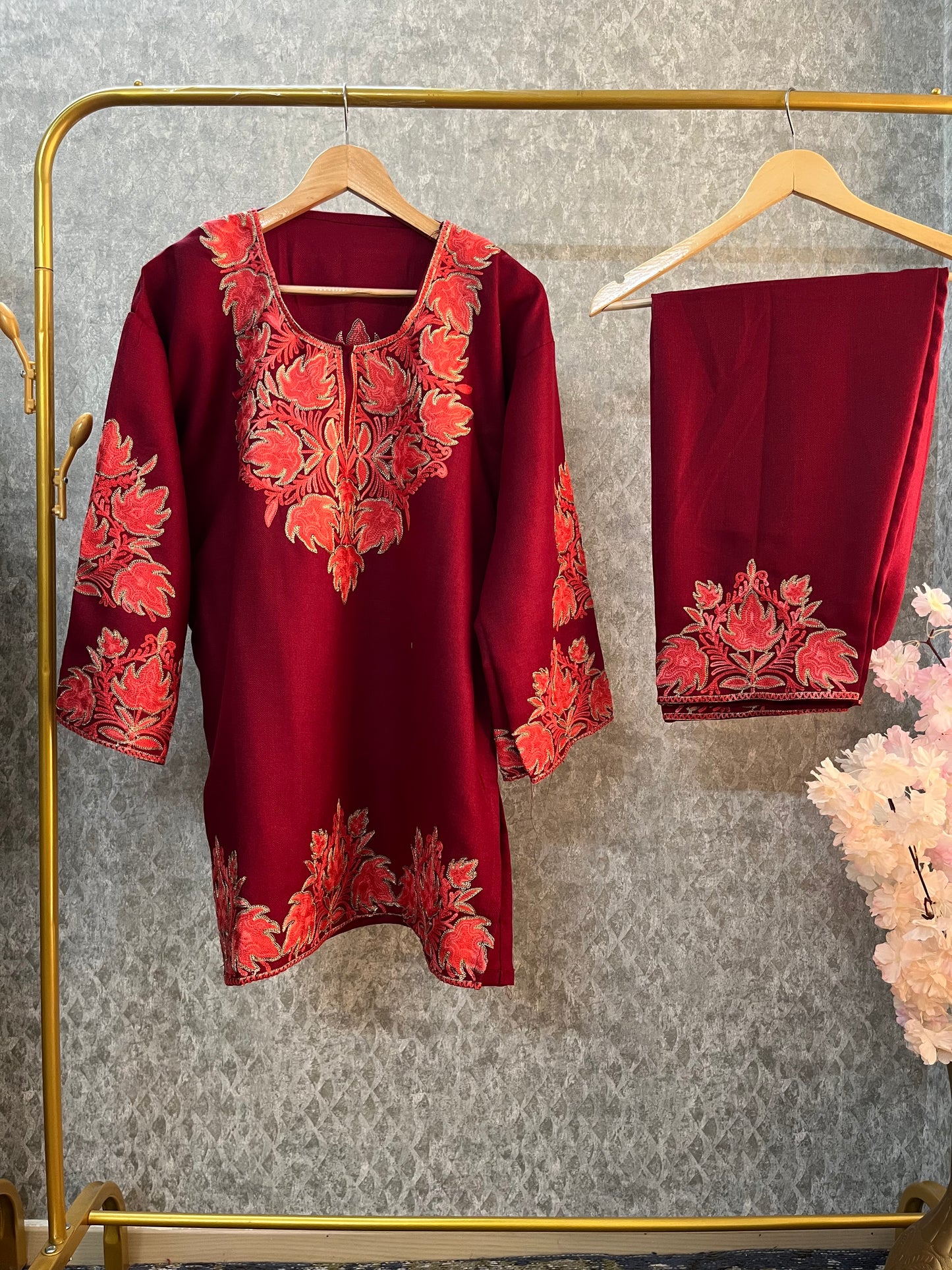 Maroon Woollen Kashmiri Co-Ord Set ( Size 46)
