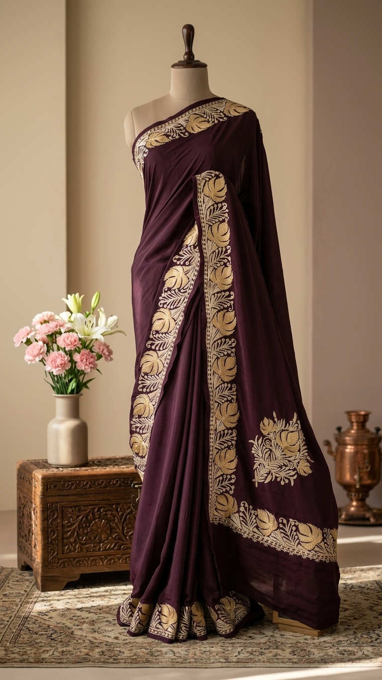 Wine Crape Kashmiri Tilla Saree