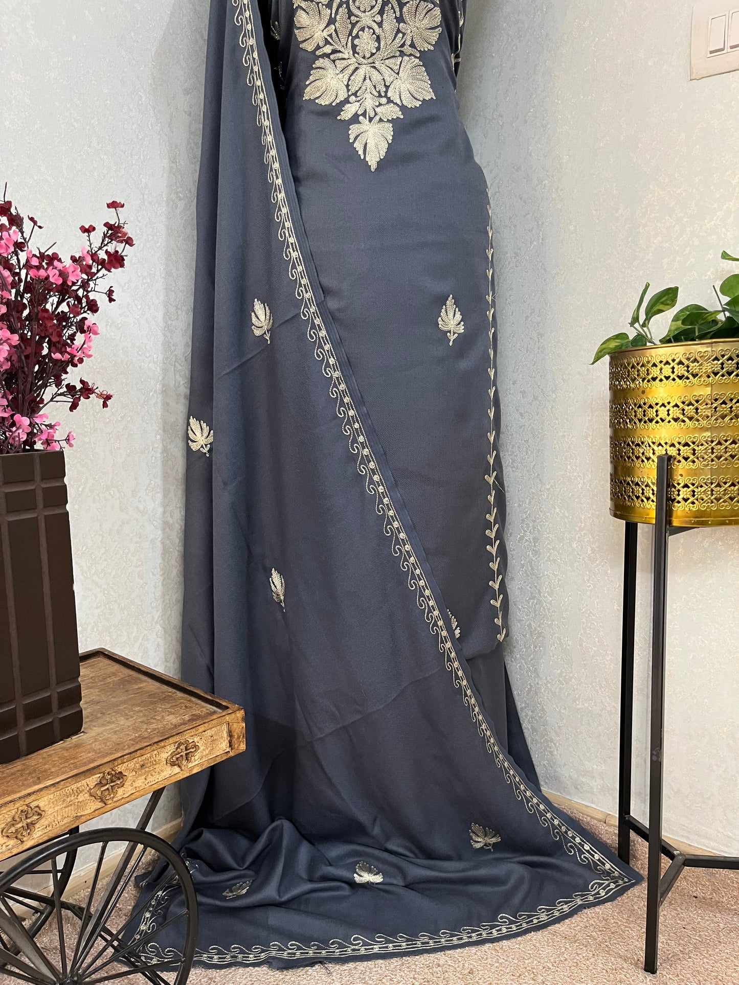 English Grey Tilla Embroidered 3pc Suit Stole