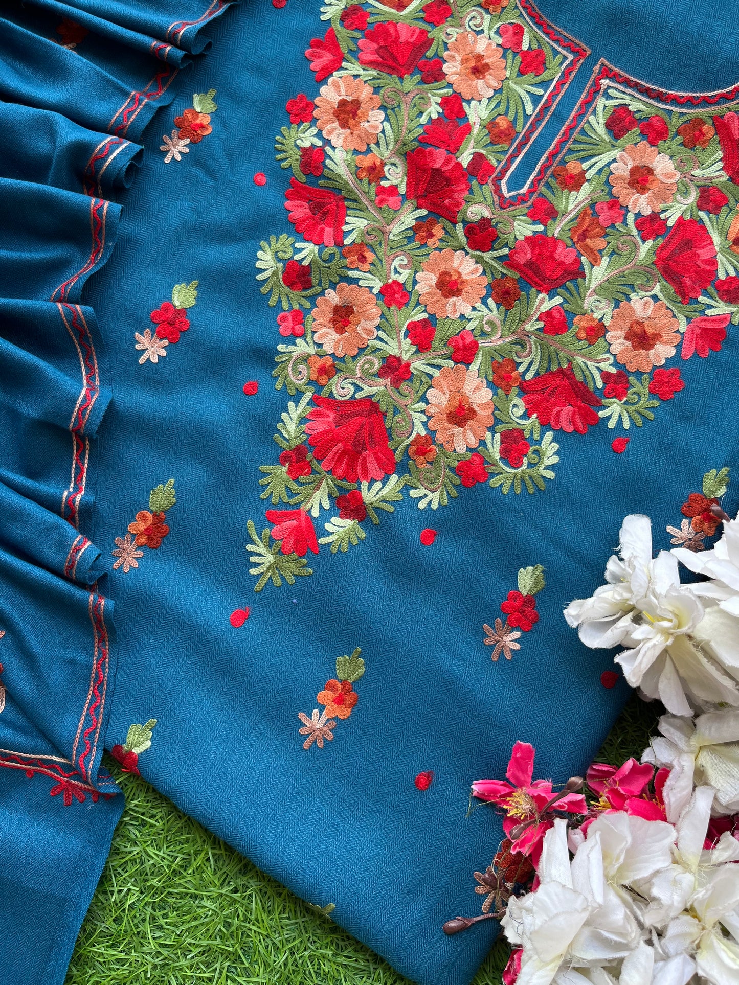 Peacock Blue Woollen Aari Embroidered 3pc suit