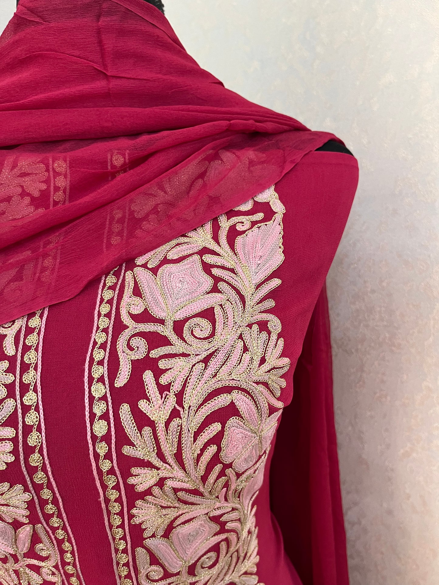 Hot Pink Pure Georgette Achkan Kashmiri Suit