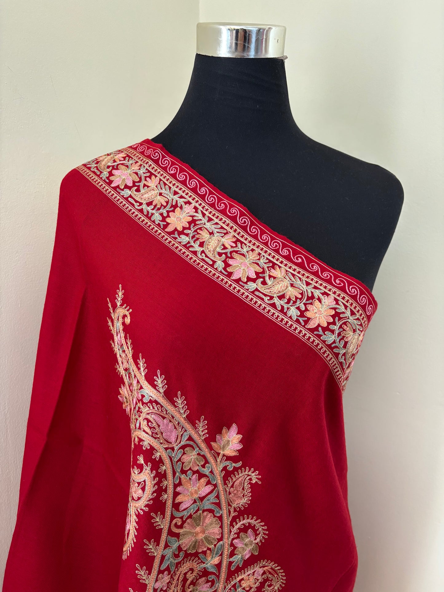 Red Silk Thread Ambi Aangan Embroidered Fine Semi Pashmina stole