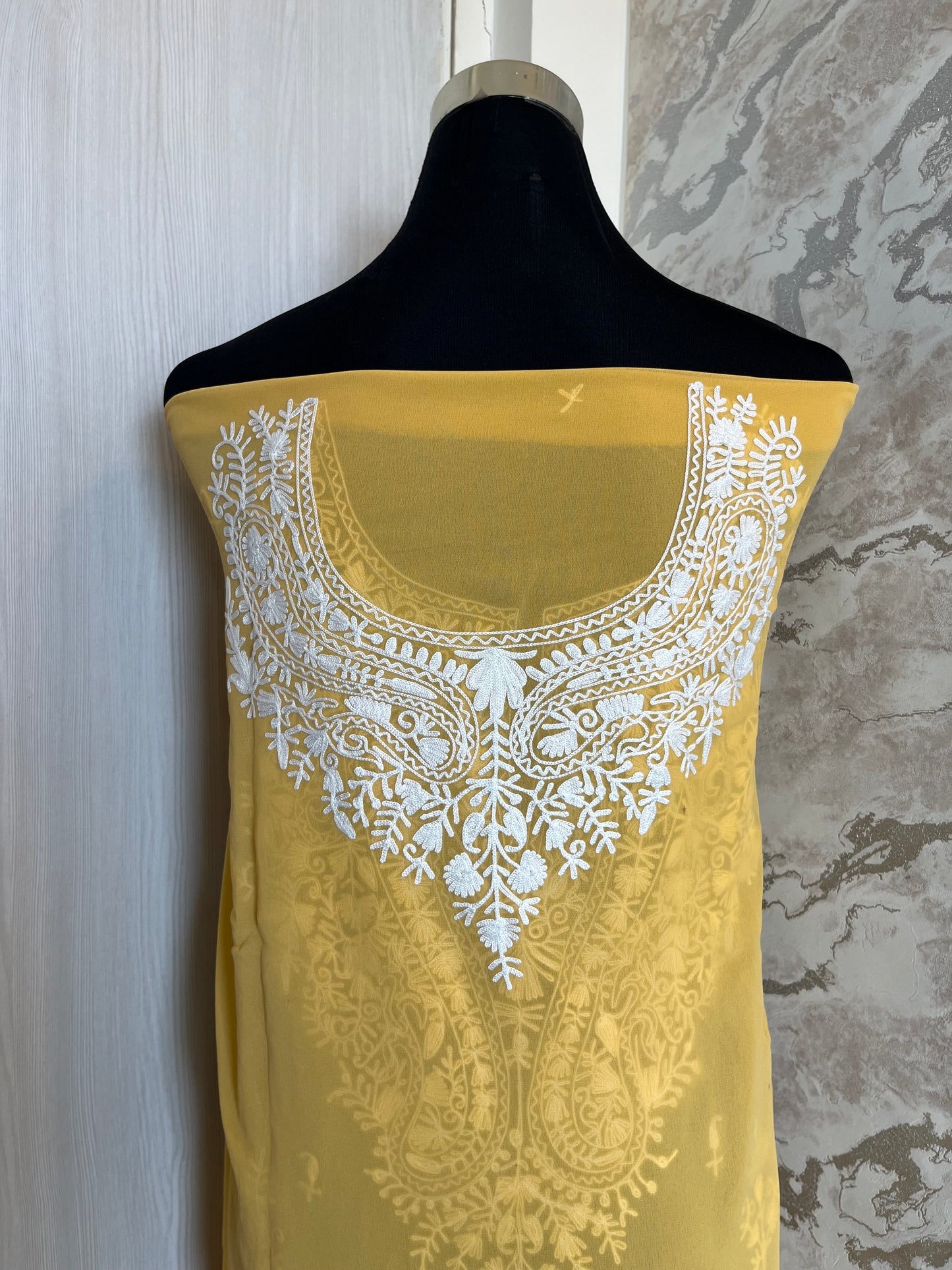 Georgette Yellow All over Work Aari Embroidered Unstitched Kurta Material