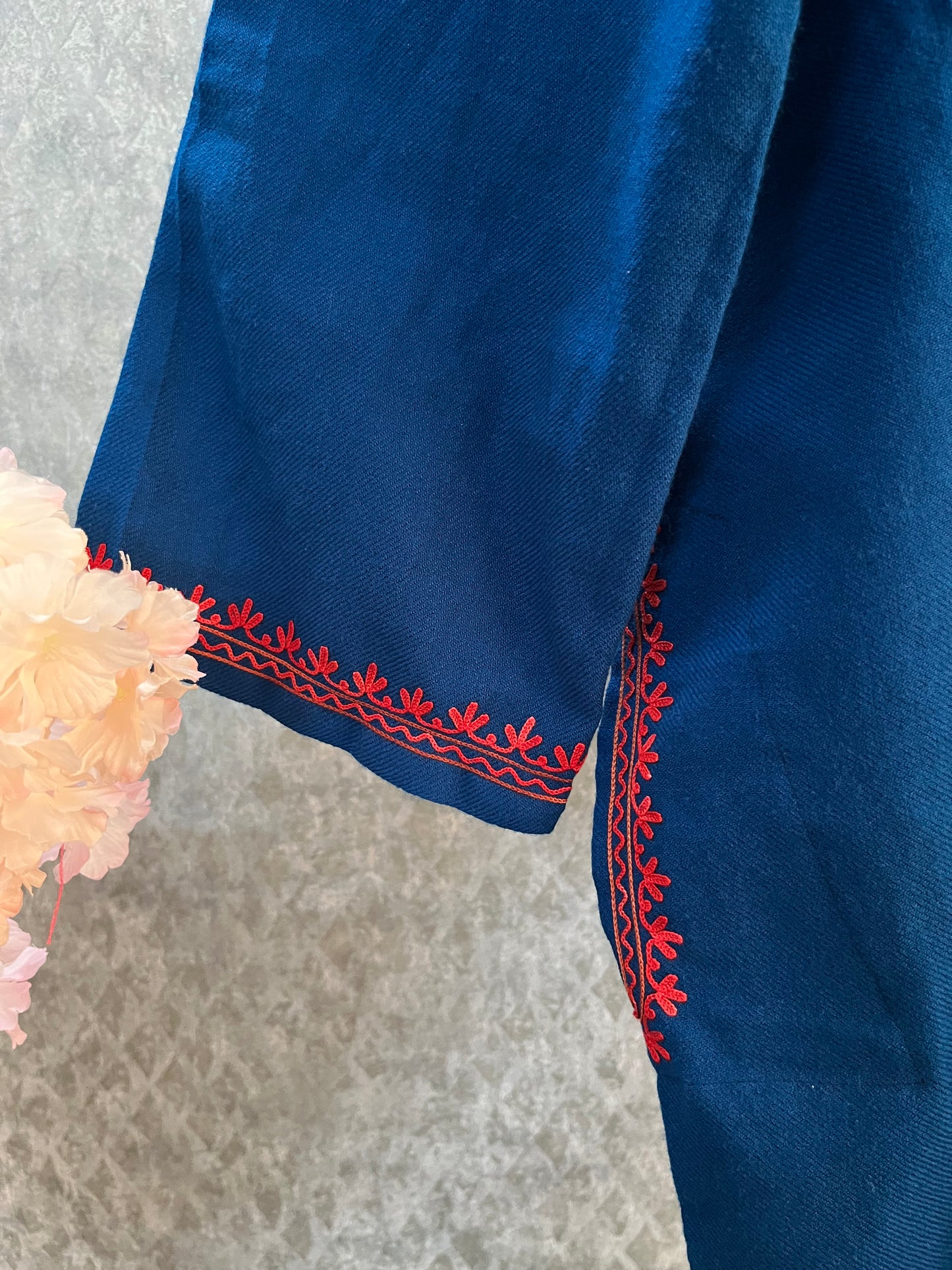 Peacock Blue Aari Embroidered Wool Pheran