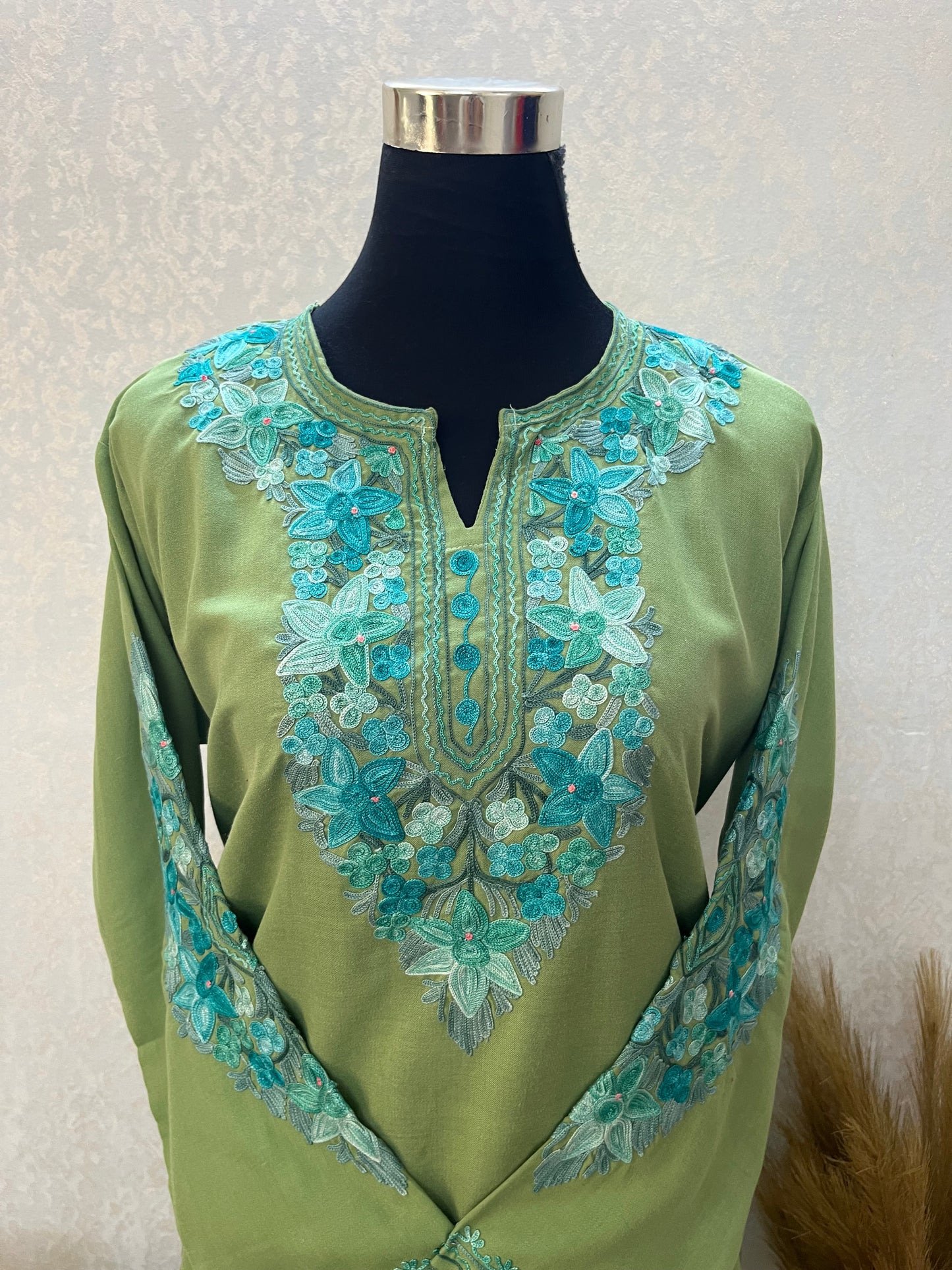 Green Cotton Aari Work Kurta
