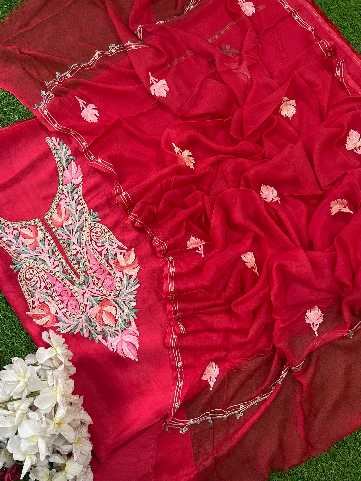 Carrot Red Opada Silk Kashmiri Suit