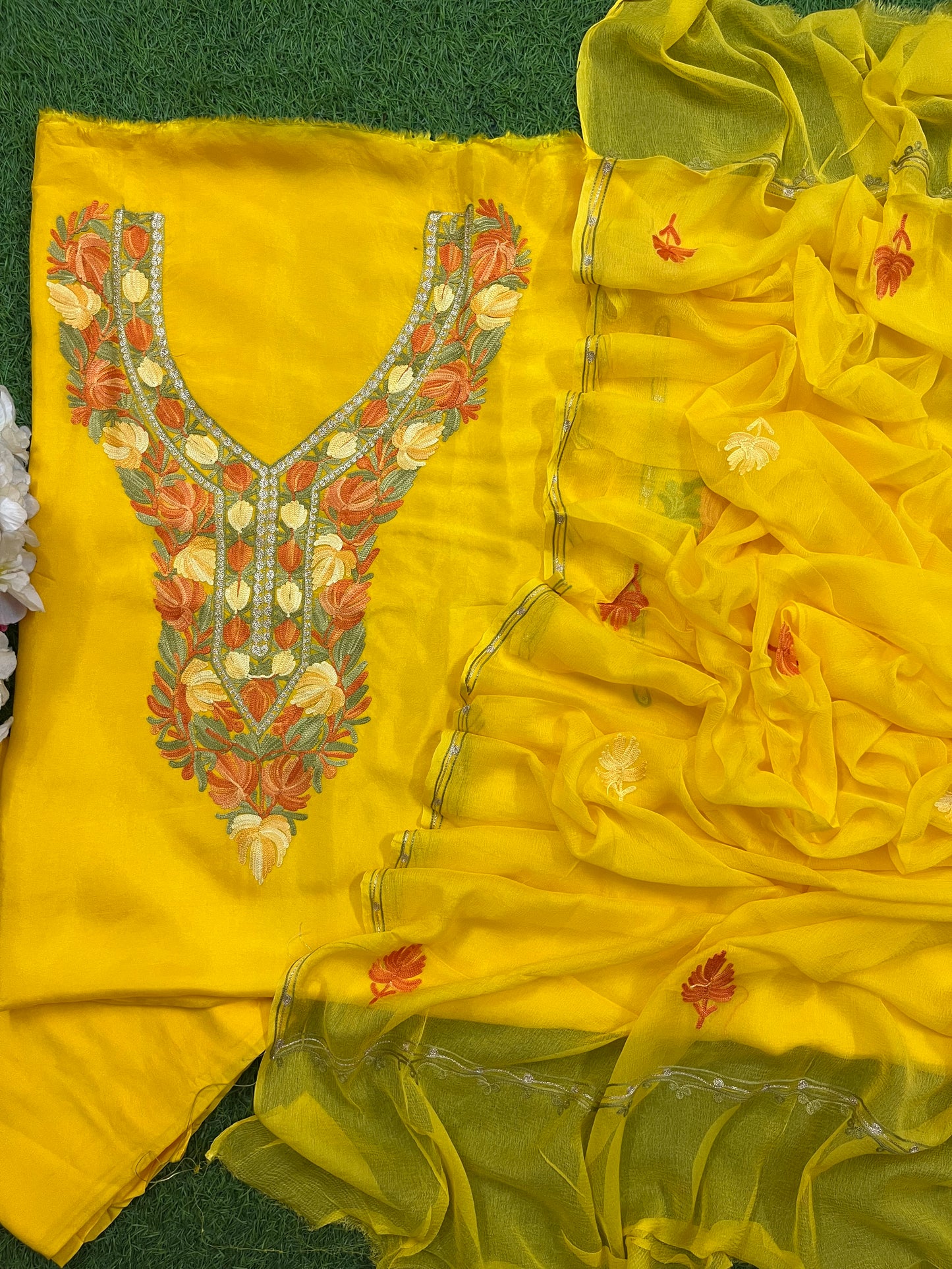 Yellow  Opada Silk Aari Embroidered Suit material