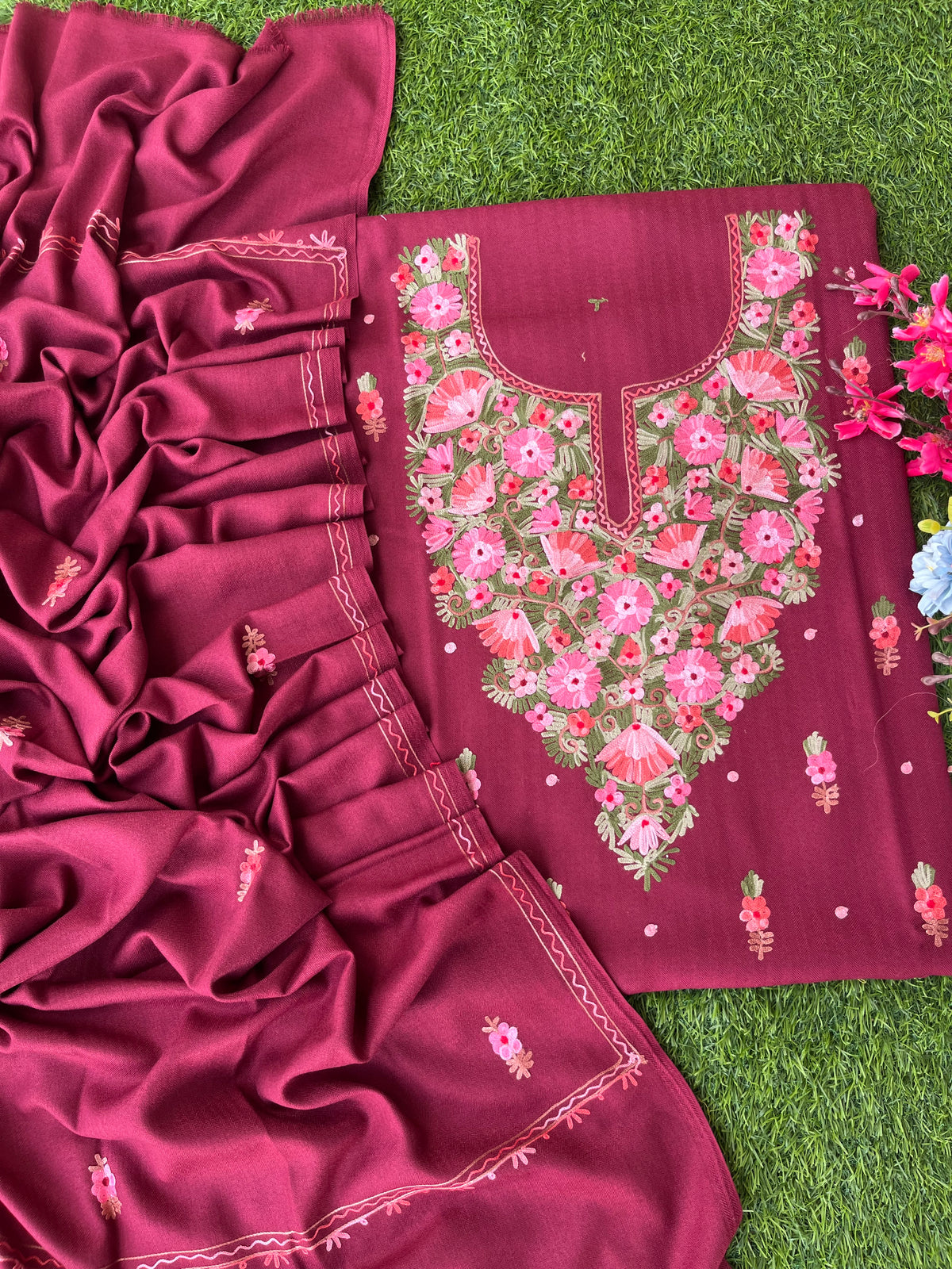 Maroon Woollen Aari Embroidered 3pc suit