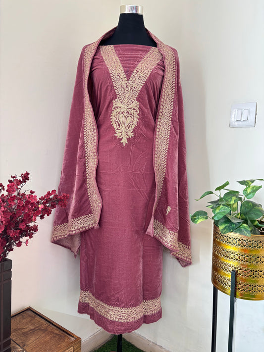 Rose Pink Tilla Embroidered Velvet 2pc Suit Material