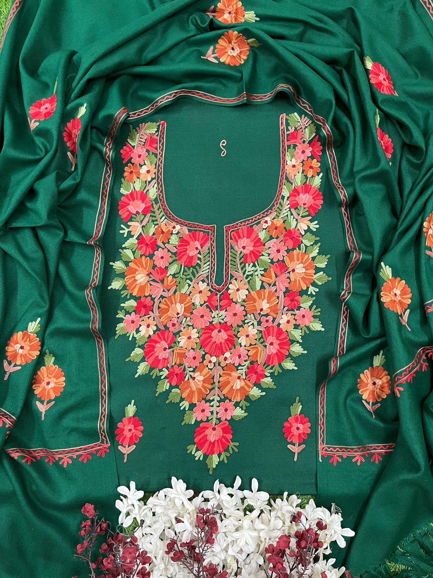 Henna Green Woollen Aari Embroidered 3pc suit