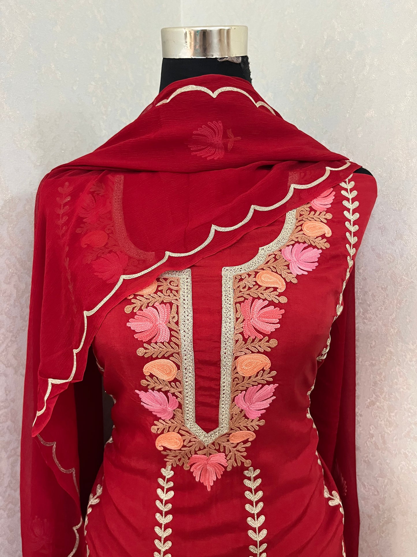 Sanam’ Maroon Silk Aari Embroidered Suit material