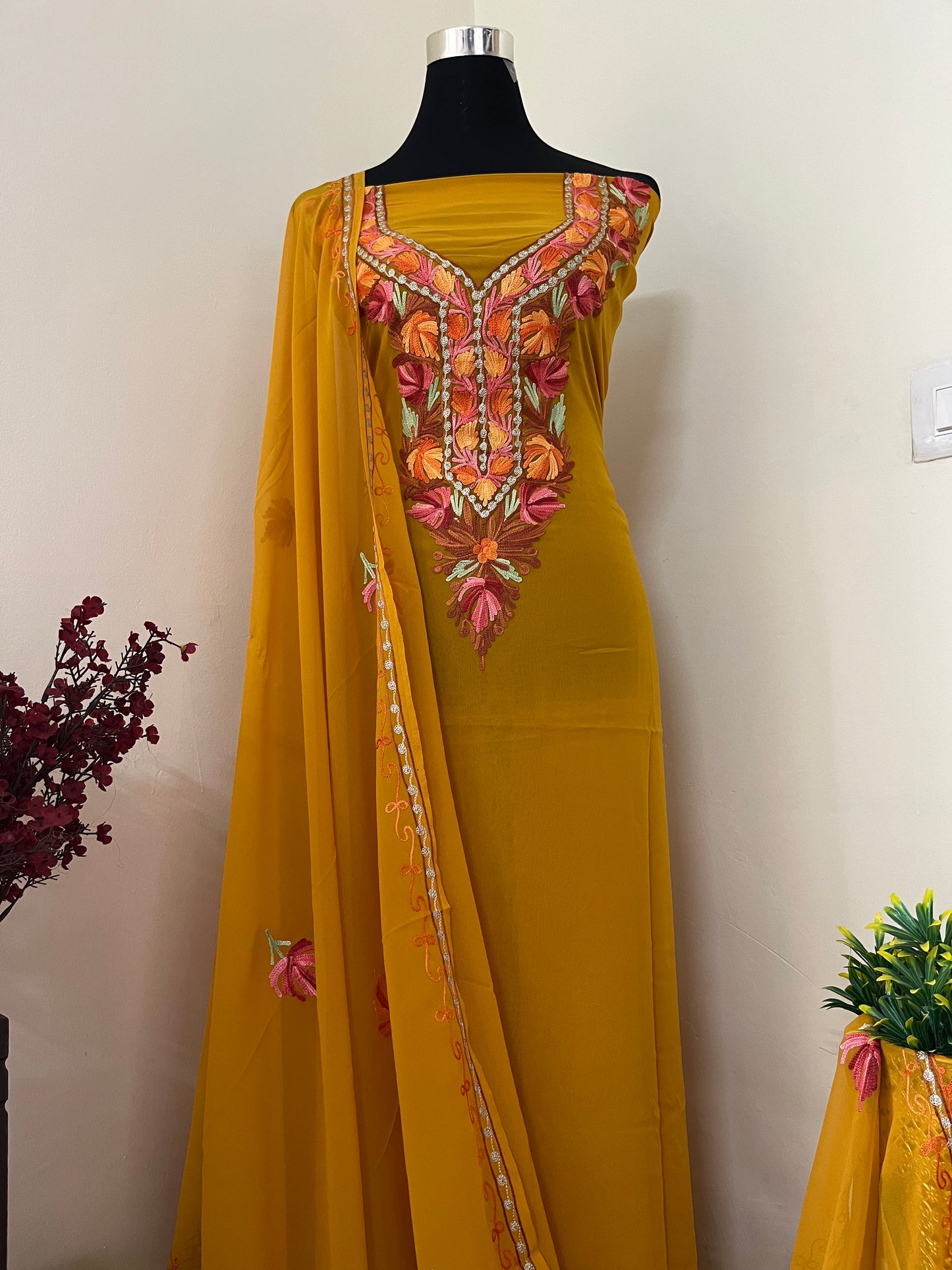 Mustard Georgette Shirt and Dupatta Aari Embroidered Suit