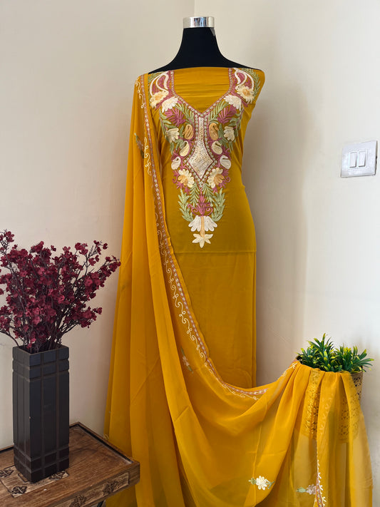 Yellow Georgette Shirt and Dupatta Aari Embroidered Suit