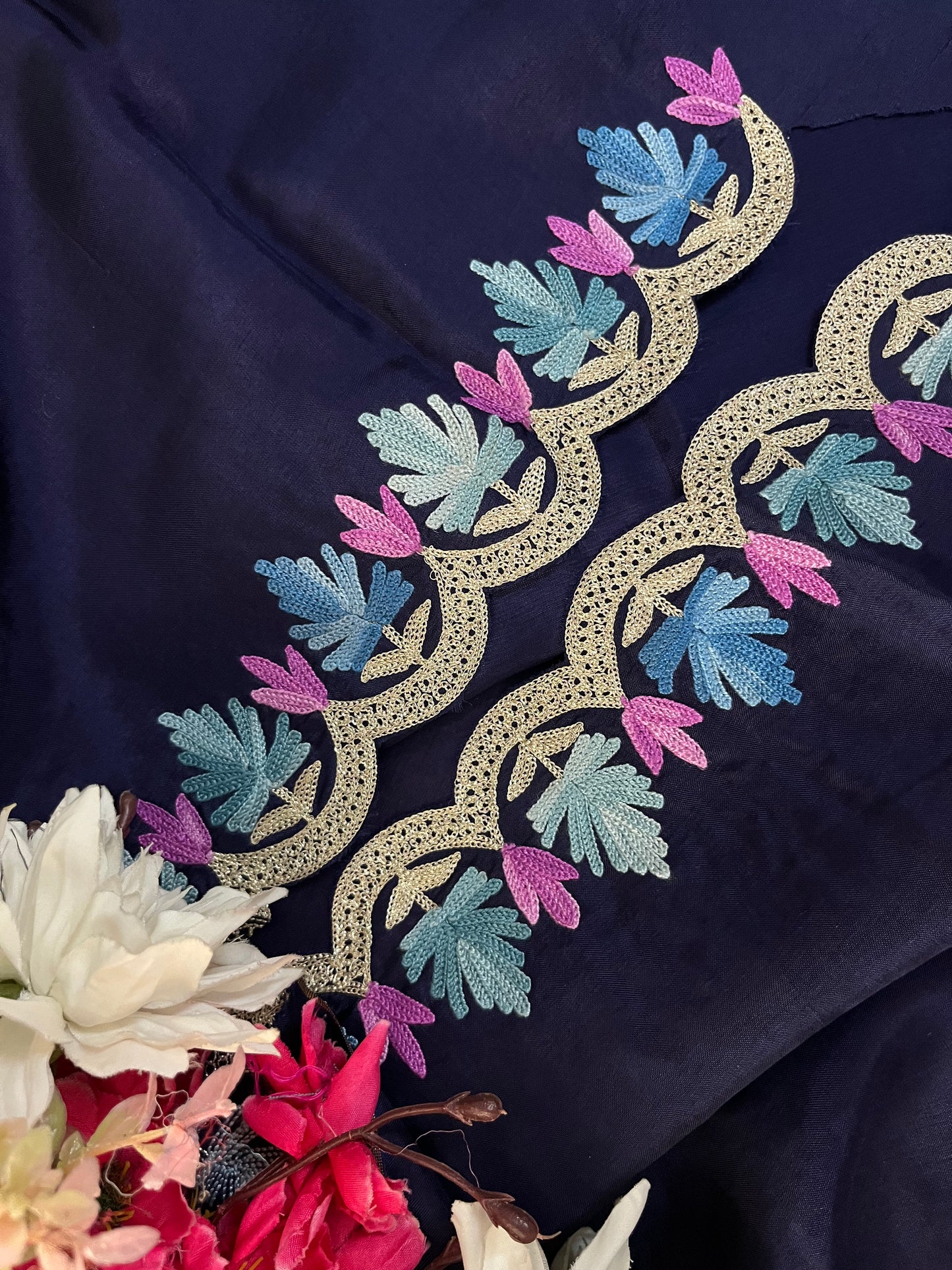 Sanam’ Navy Blue Silk Aari Embroidered Suit material