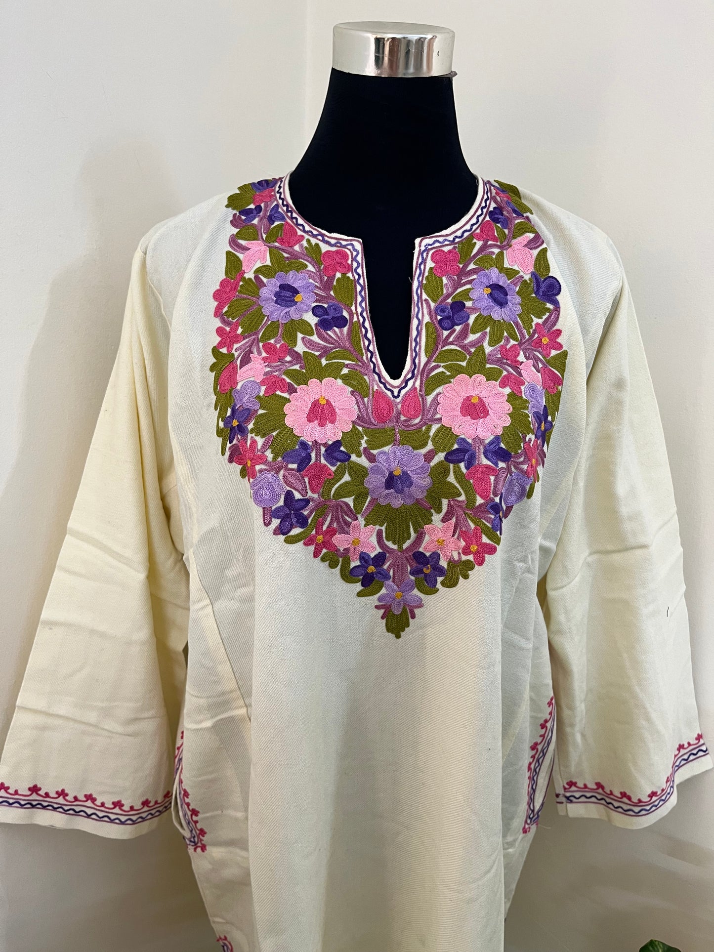 Cream Aari Embroidered Wool Pheran