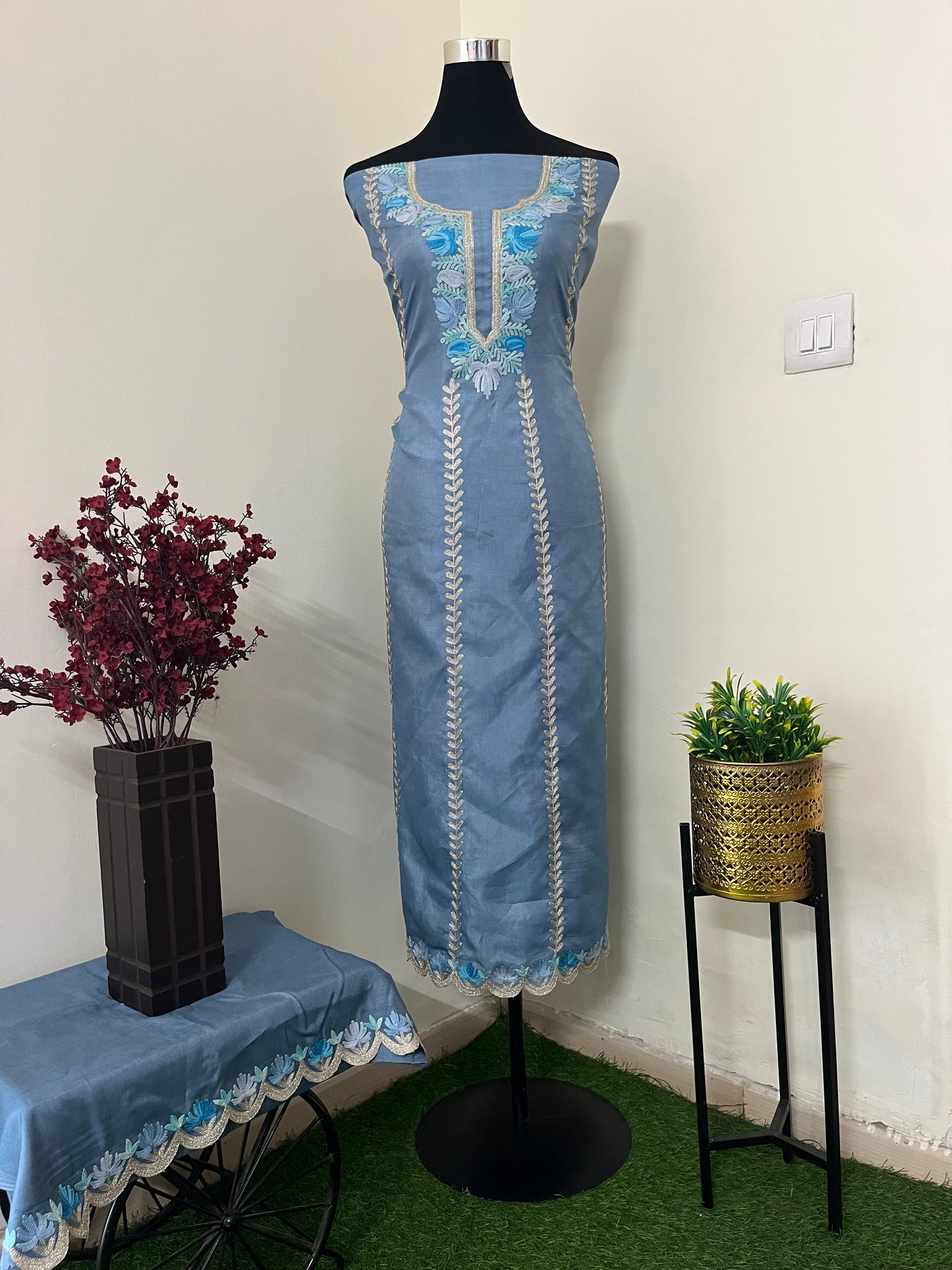 Sanam’ Blue Silk Aari Embroidered Suit material