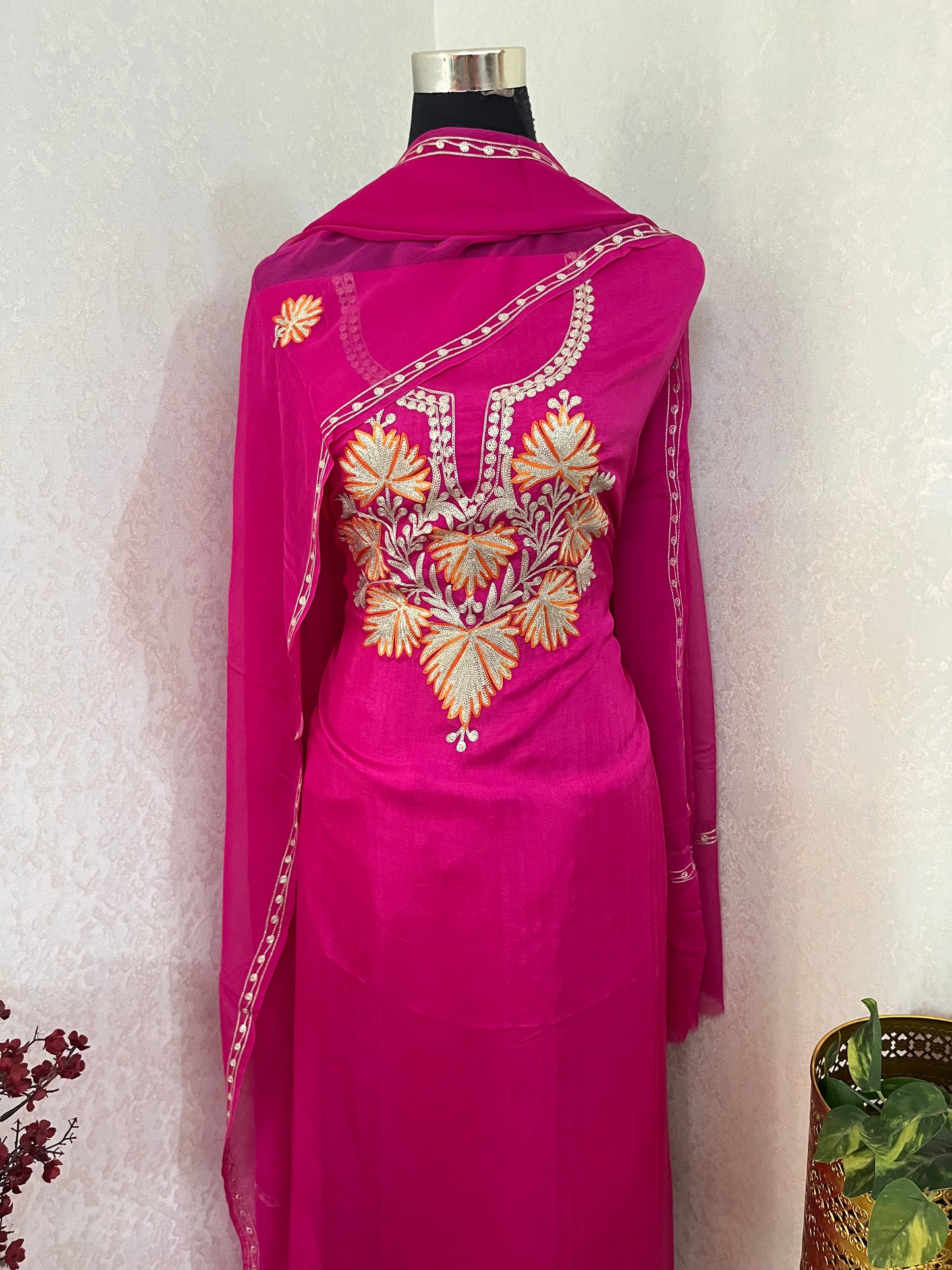 Hot Pink Silk Tilla Kashmiri Suit