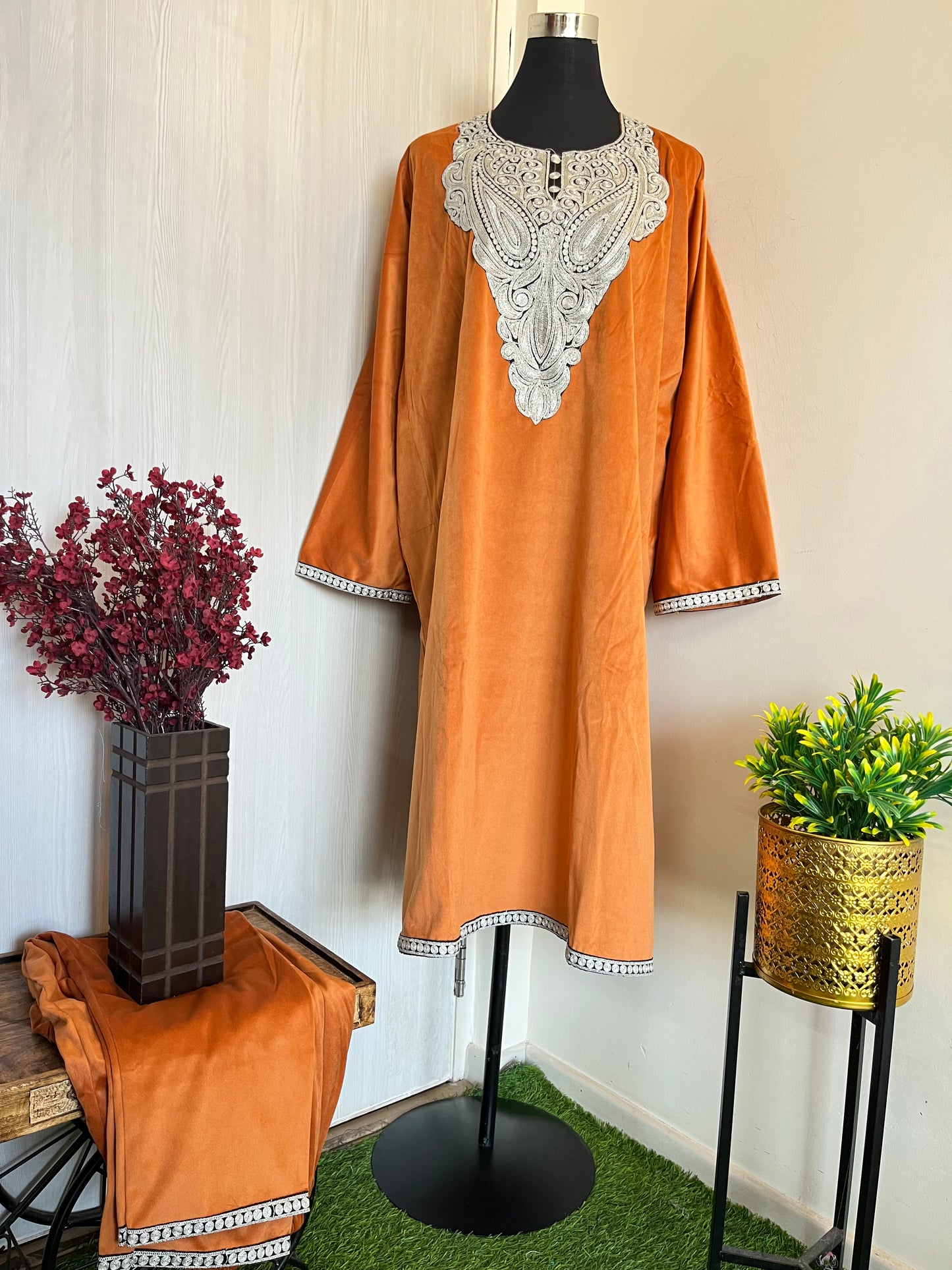 Orange Aari Embroidered 3 pc Velvet Suit Material