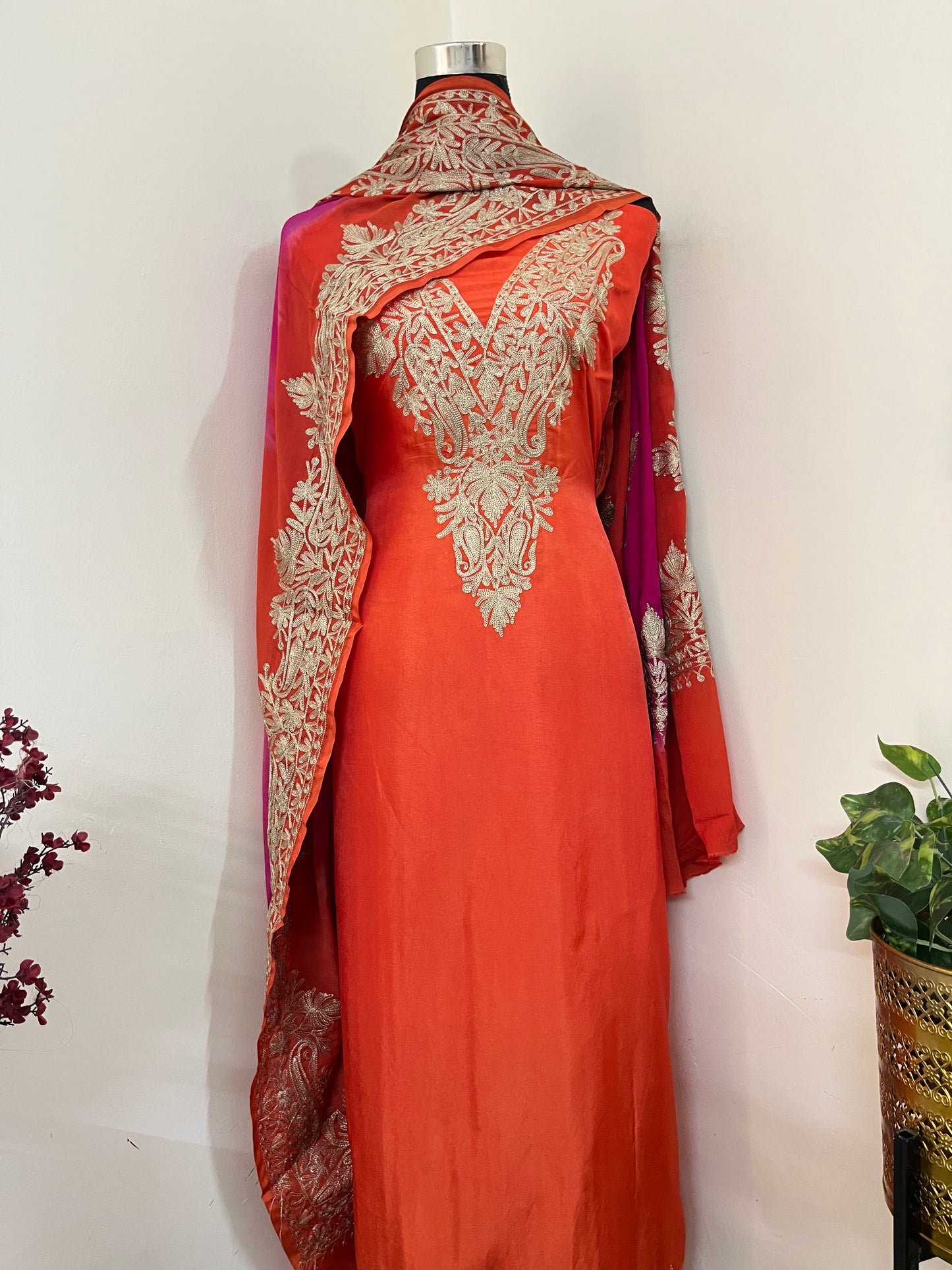 Sanam Orange Silk Kashmiri Suit