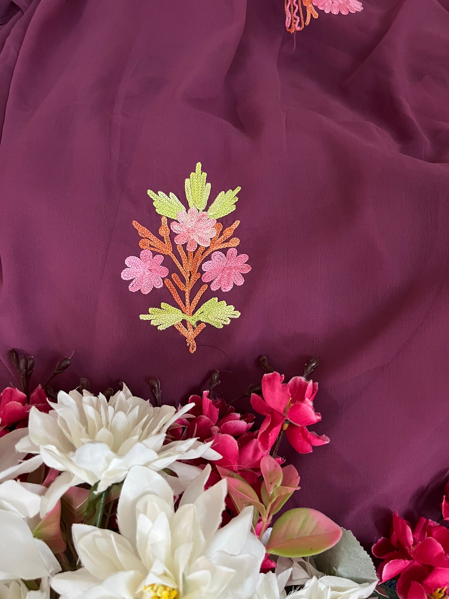 Mauve Georgette 3 Pc Aari Embroidered Suit Set