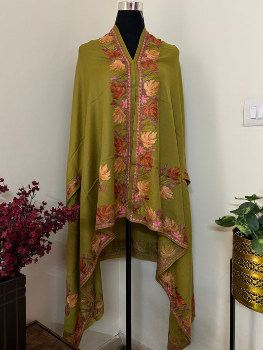 Henna Green Aari Embroidered Pure Wool Cape