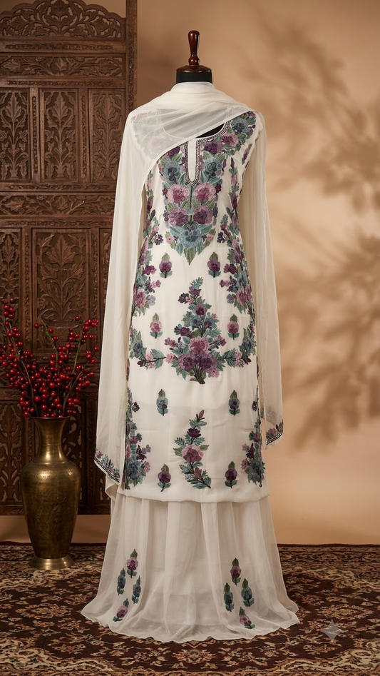 Off White Georgette 3 Pc Kashmiri Suit