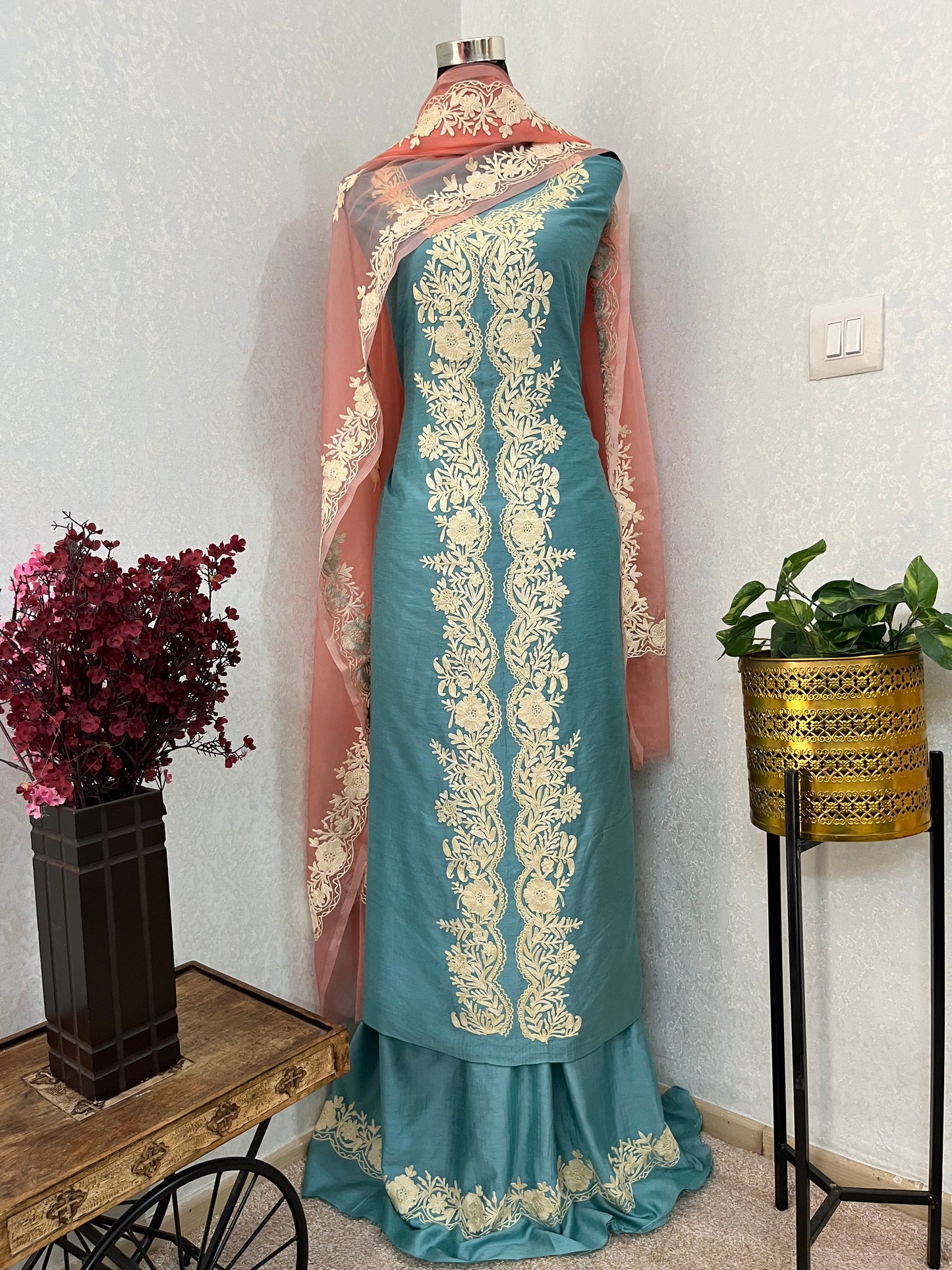 Soft Blue Chanderi Silk Kashmiri Suit