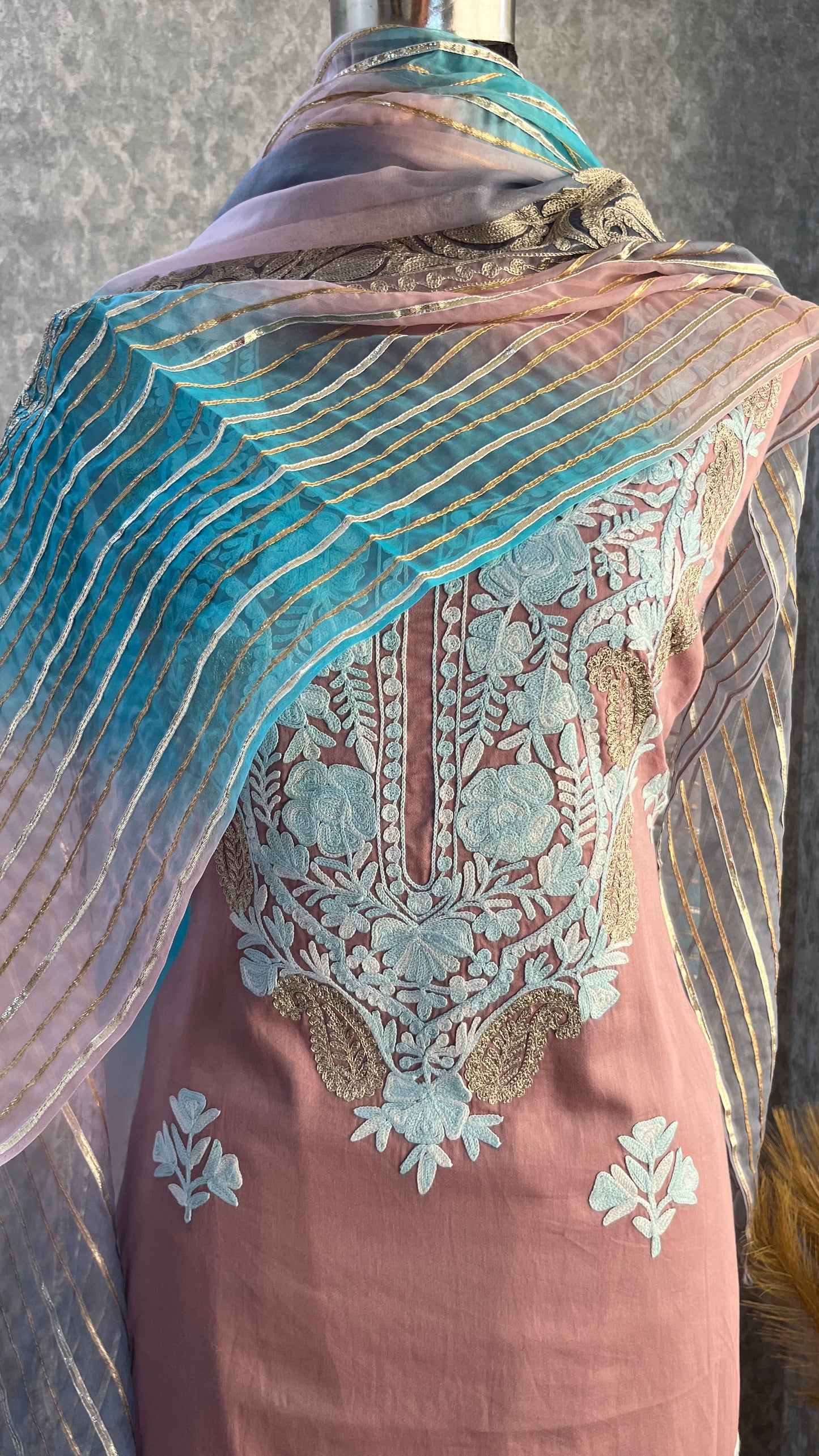Onion Pink Satin Cotton Kashmiri Suit