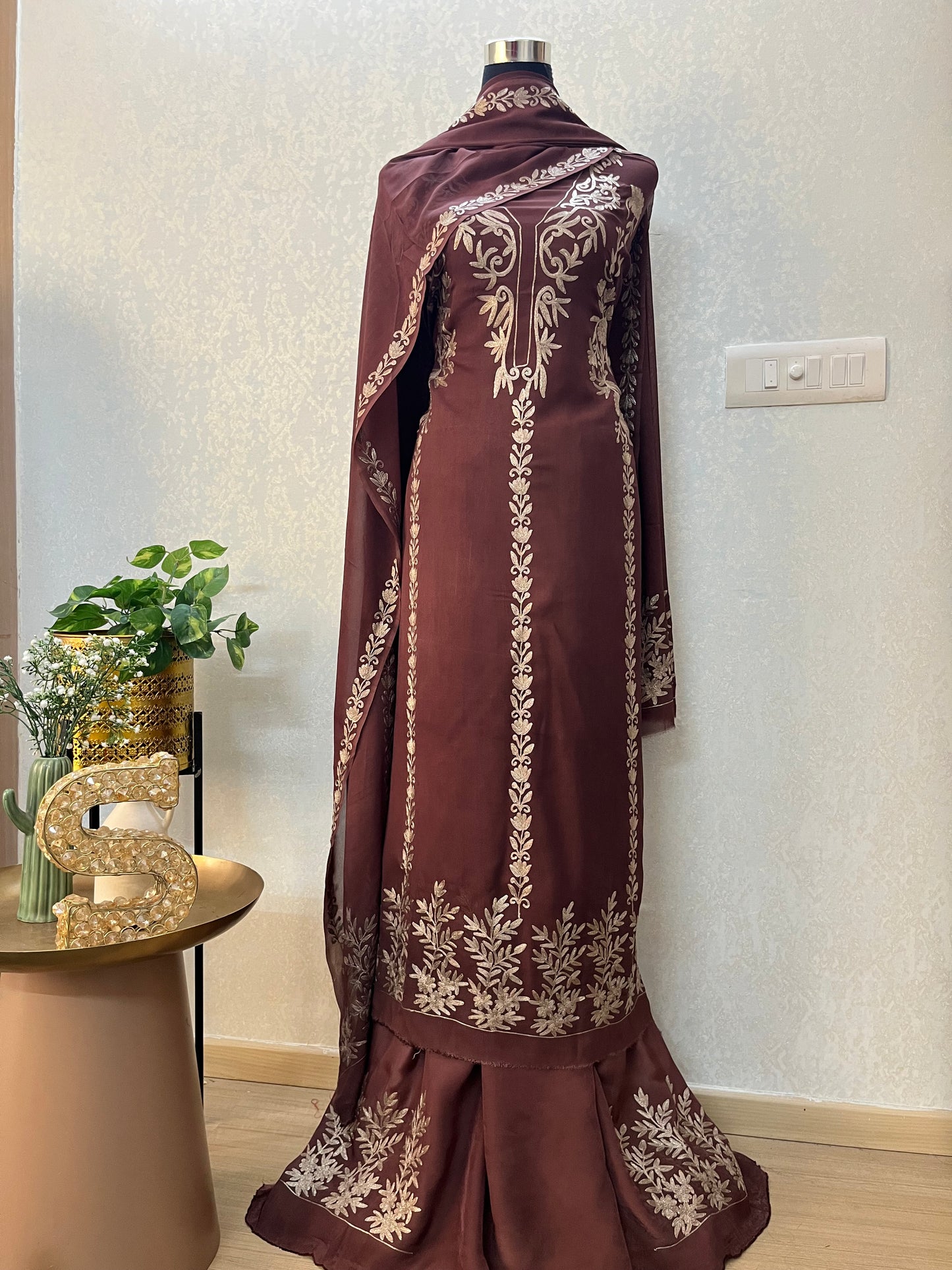 Brown Pure Georgette Oxidised Tilla Kashmiri Suit