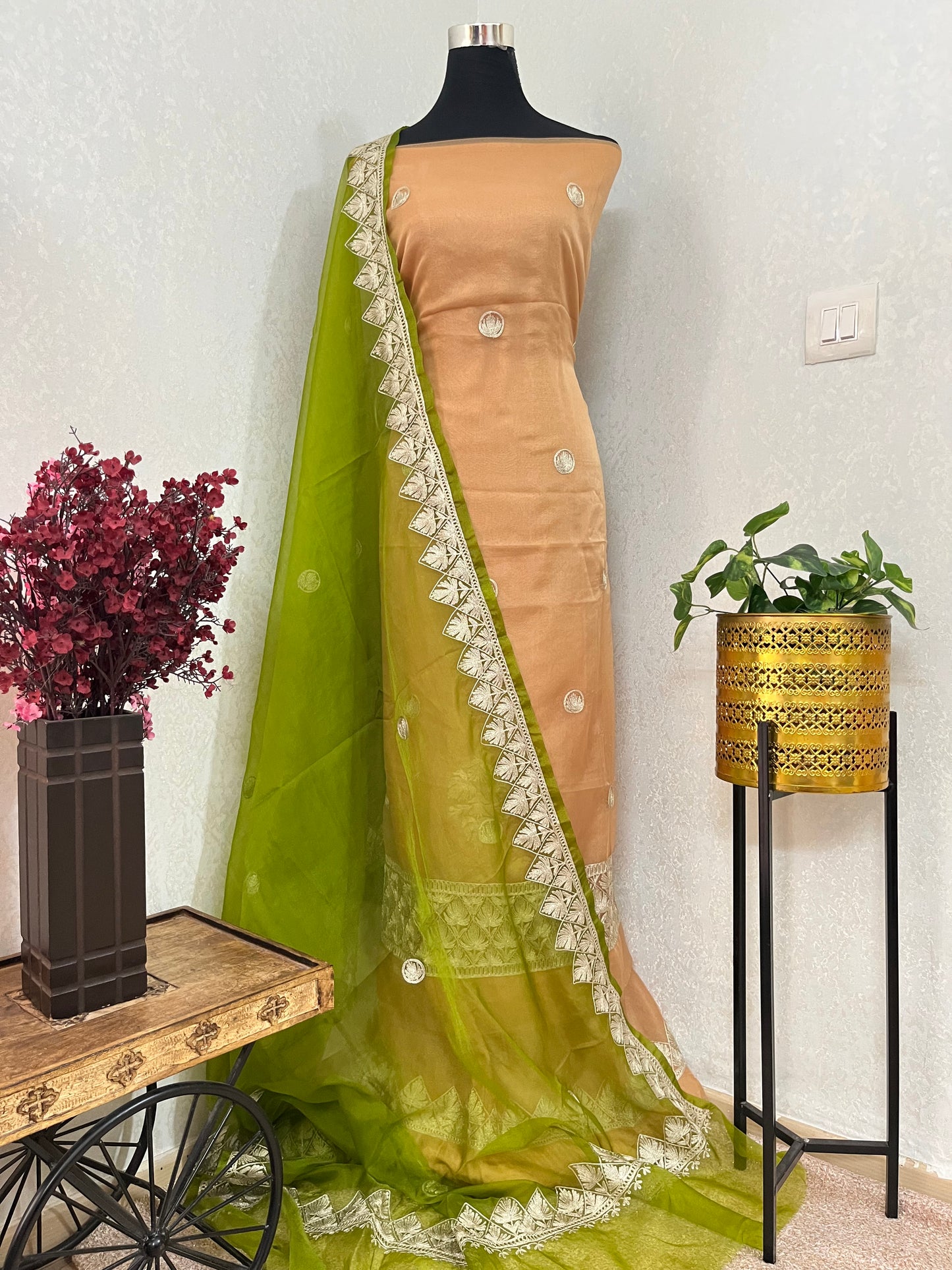 Golden Soft Tissue Kashmiri Suit