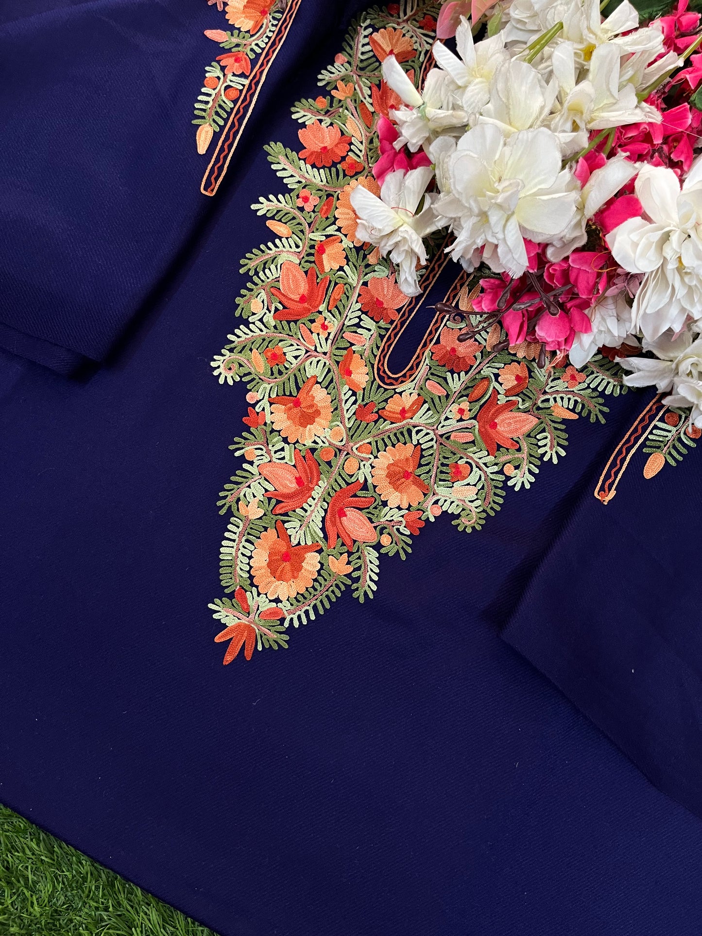 Navy Blue Woollen Aari Embroidered 2pc suit 5mtr