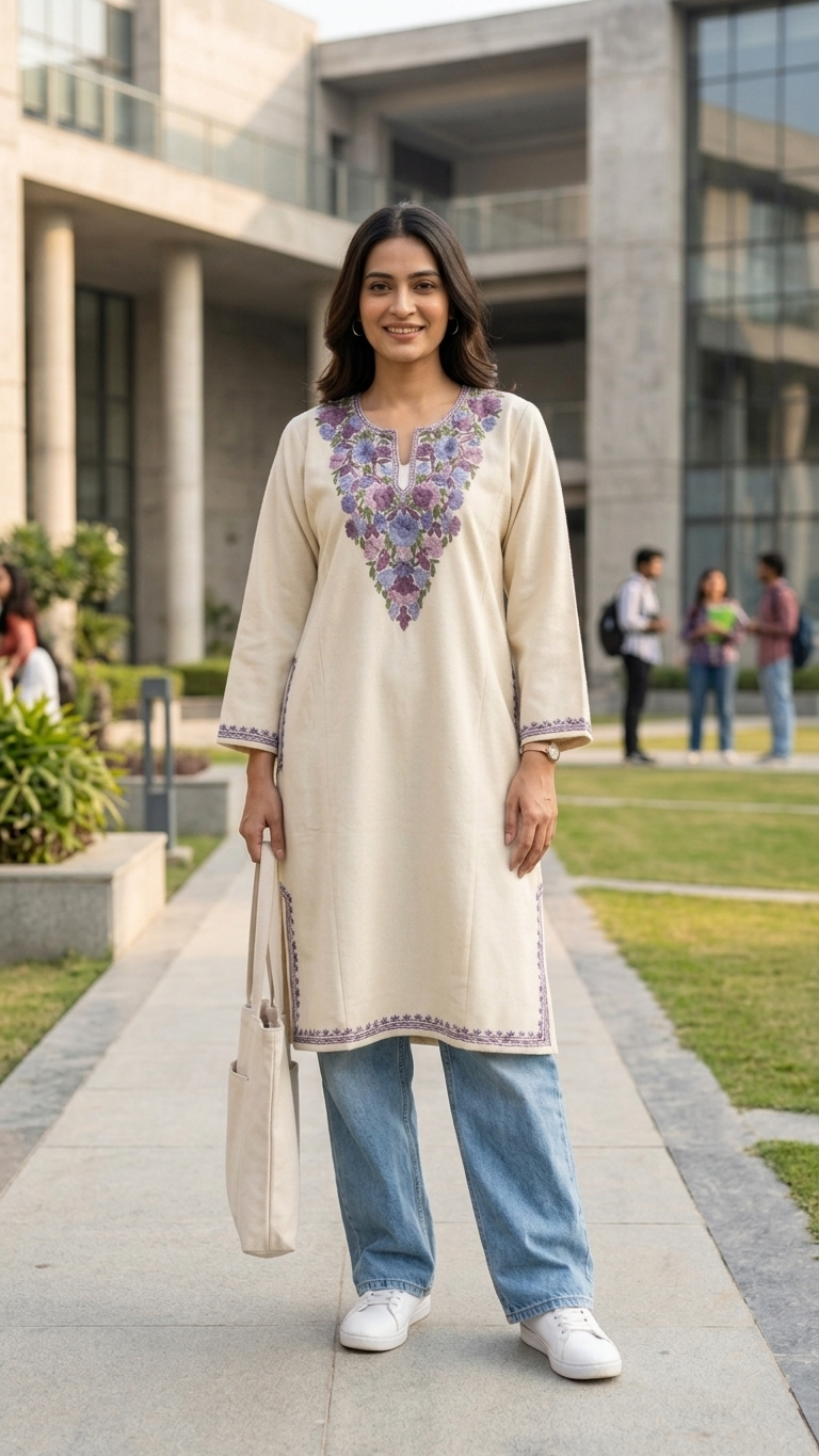 Off White Aari Embroidered Wool Pheran