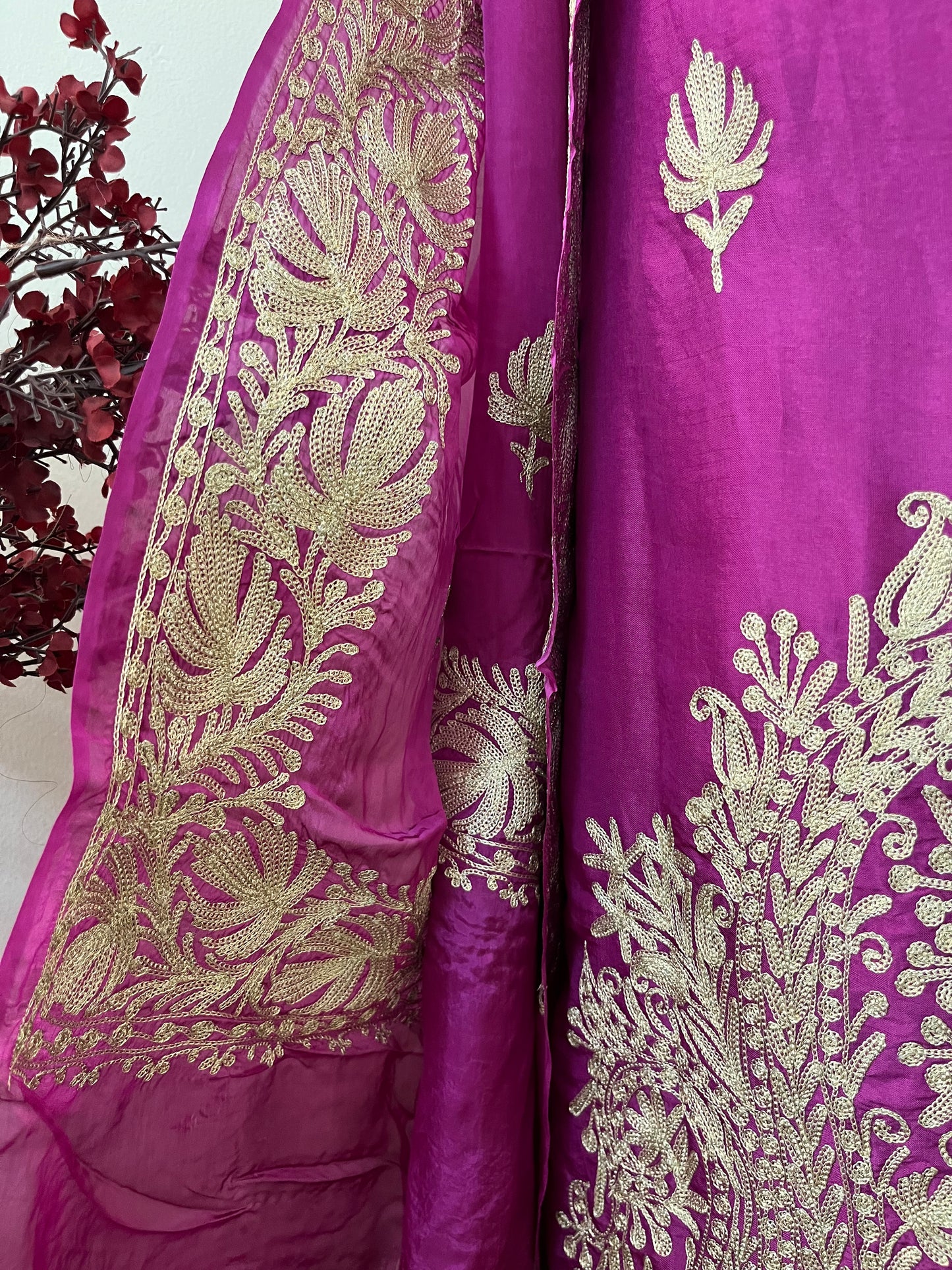 Wine Tilla Embroidered Suit material