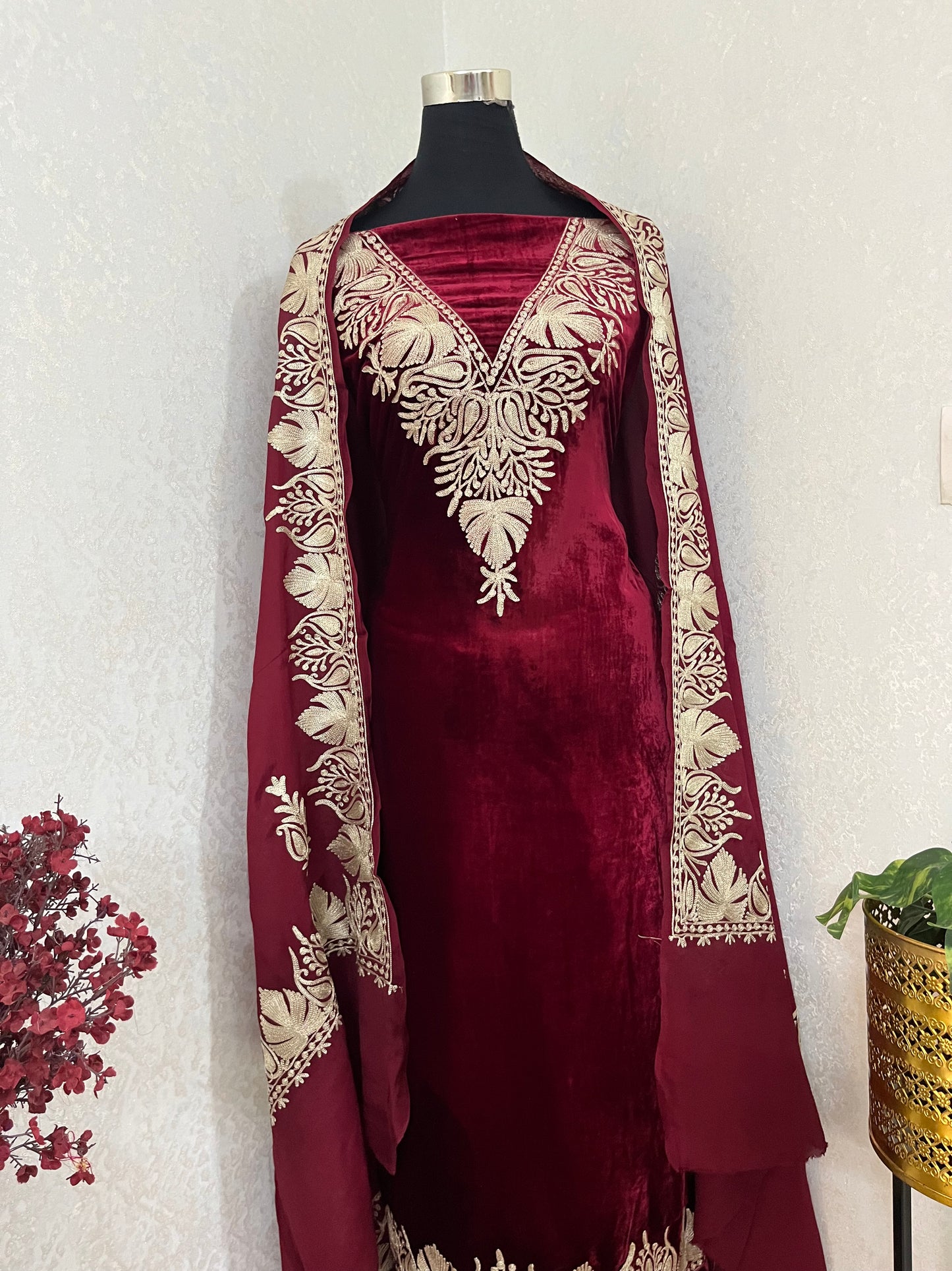 Maroon Tilla Makhmal 3pc Suit
