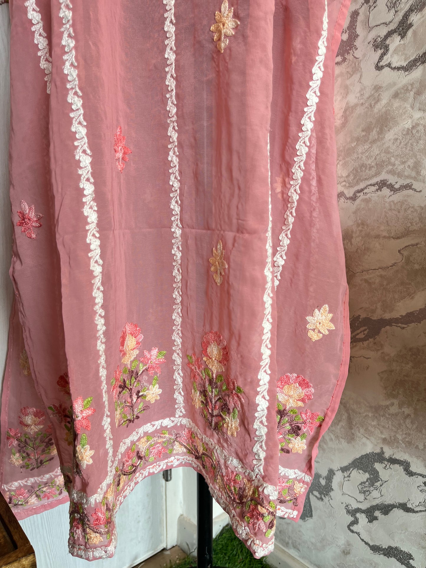 Pink Georgette All over Work Aari Embroidered Unstitched Kurta Material