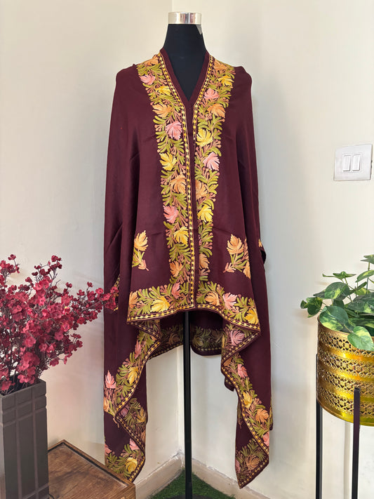 Brown Aari Embroidered Pure Wool Cape