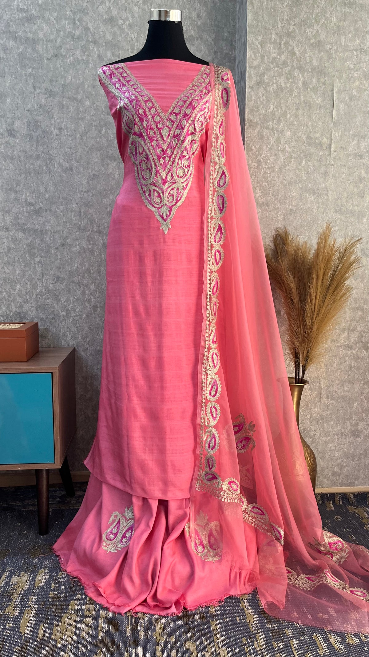Bubbly Pink Russian Silk Kashmiri Suit