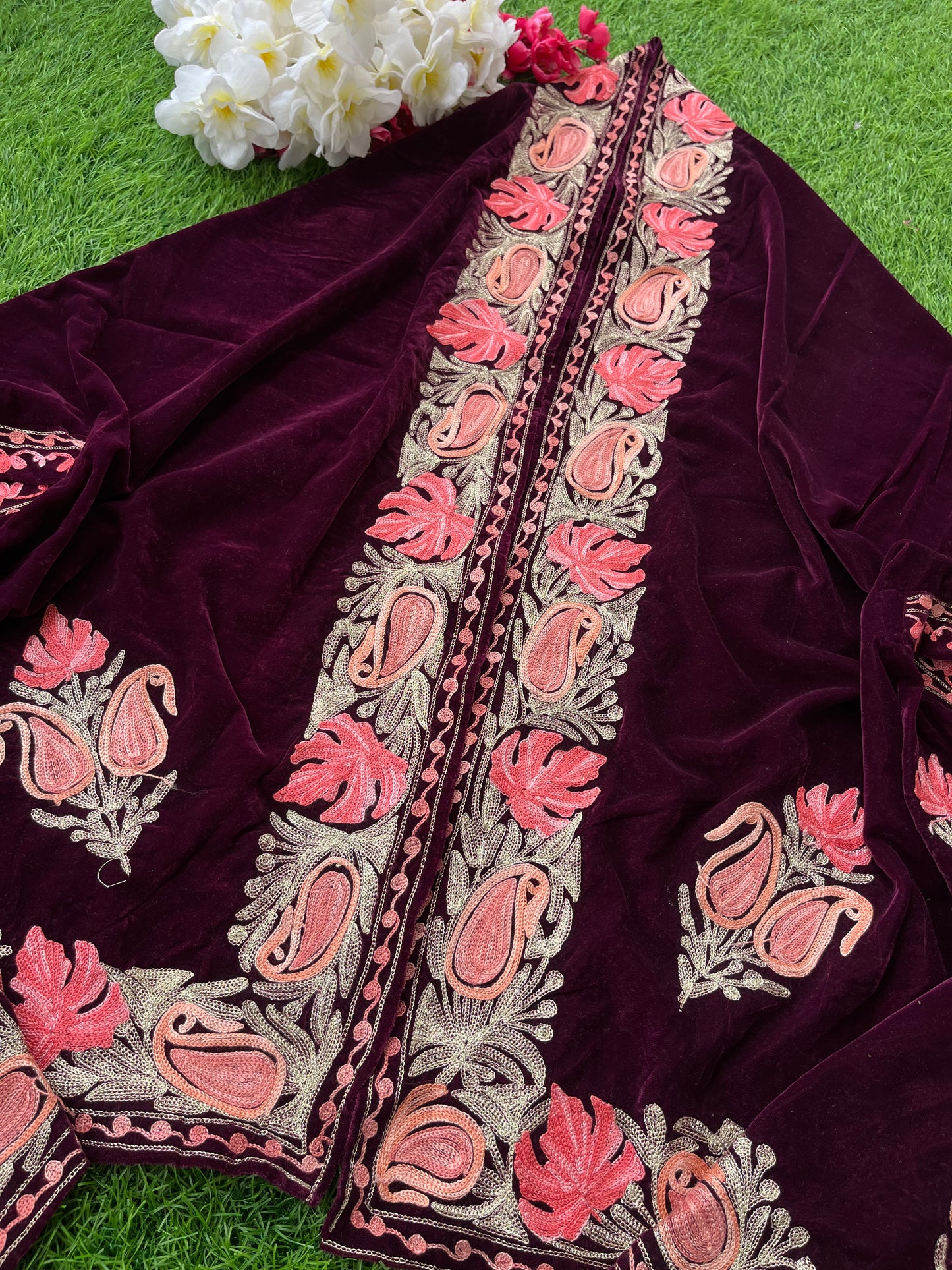 Wine Aari Embroidered Velvet Cape