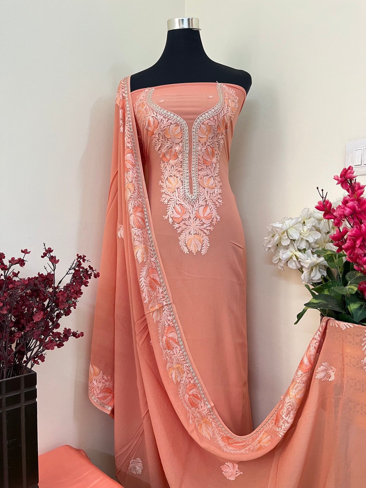 Peach Pure Georgette Kashmiri Suit