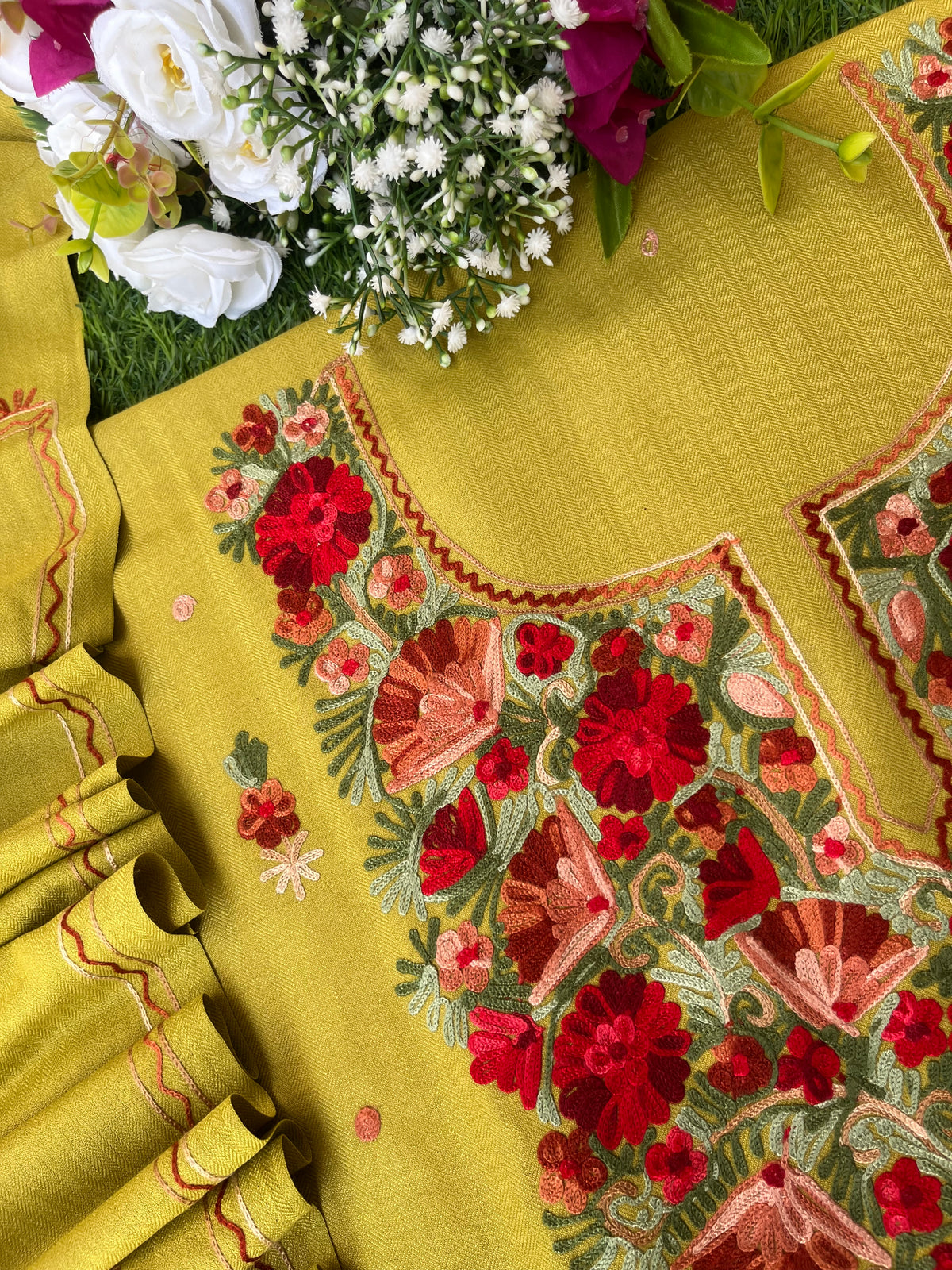 Lime Green Woollen Aari Embroidered 3pc suit