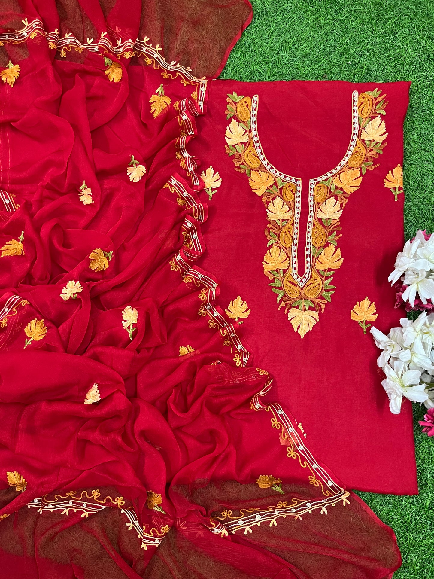 Red Muslin Cotton Jaal Sleeves Kashmiri 3pc Suit